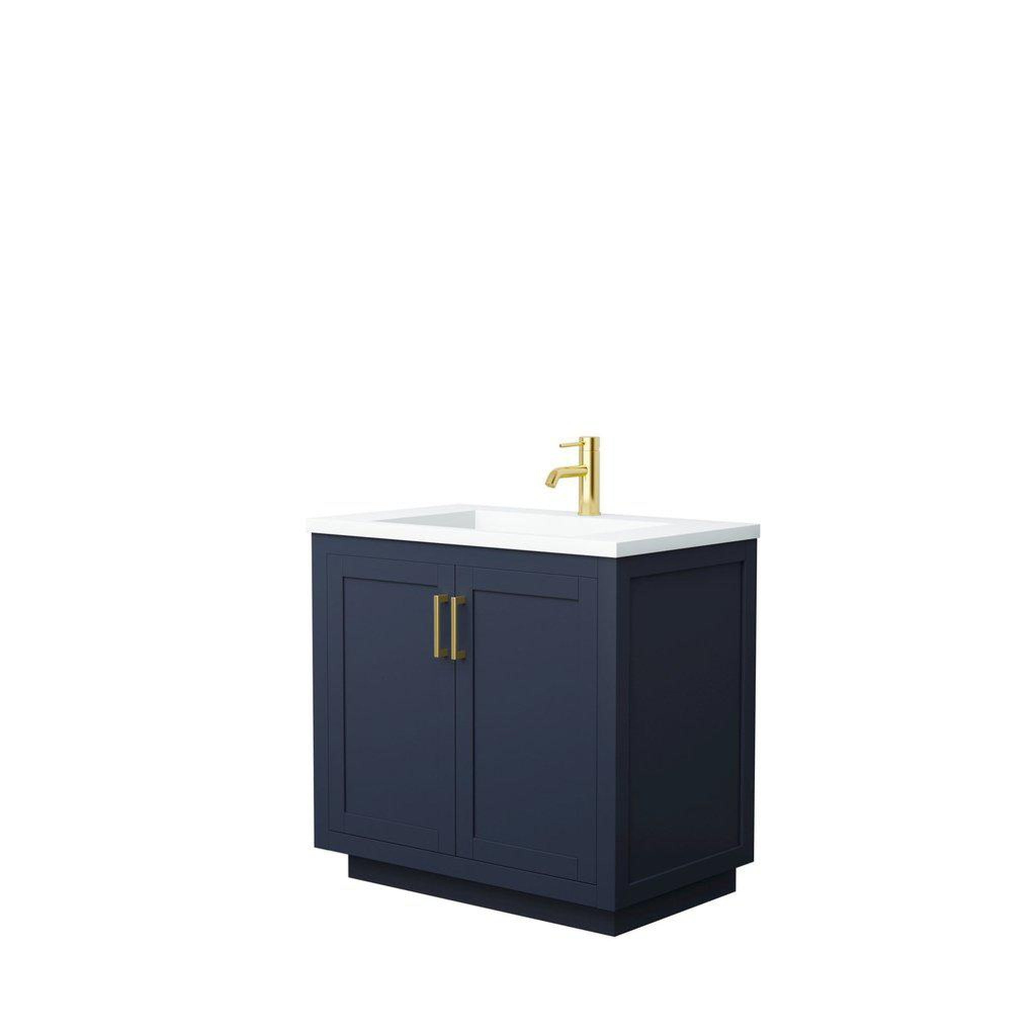 Wyndham Collection, Wyndham Collection Miranda 36" Single Bathroom Dark Blue Vanity Set With 1.25" Thick Matte White Solid Surface Countertop, Integrated Sink, And Brushed Gold Trim