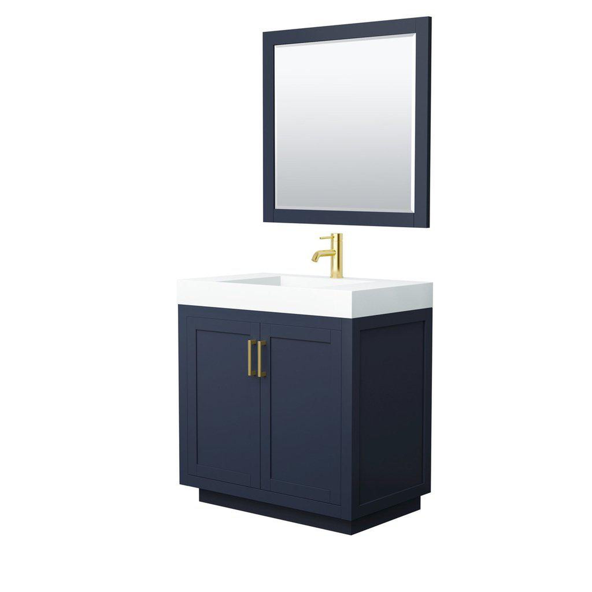 Wyndham Collection, Wyndham Collection Miranda 36" Single Bathroom Dark Blue Vanity Set With 4" Thick Matte White Solid Surface Countertop, Integrated Sink, 34" Mirror And Brushed Gold Trim