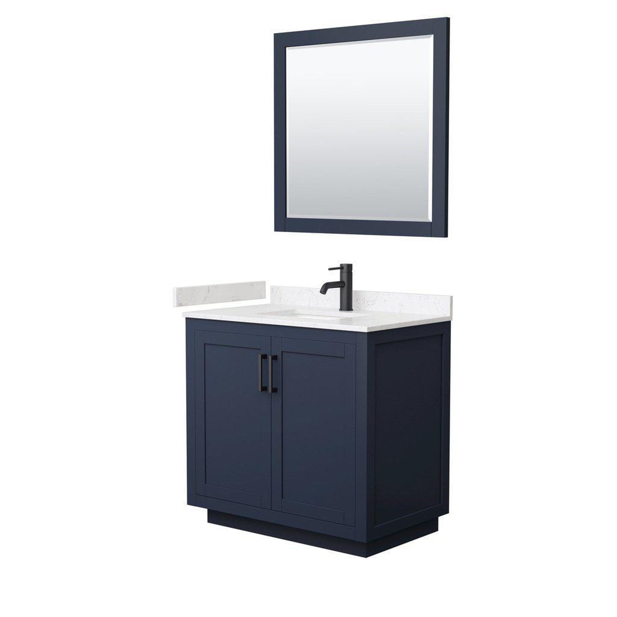 Wyndham Collection, Wyndham Collection Miranda 36" Single Bathroom Dark Blue Vanity Set With Light-Vein Carrara Cultured Marble Countertop, Undermount Square Sink, 34" Mirror And Matte Black Trim