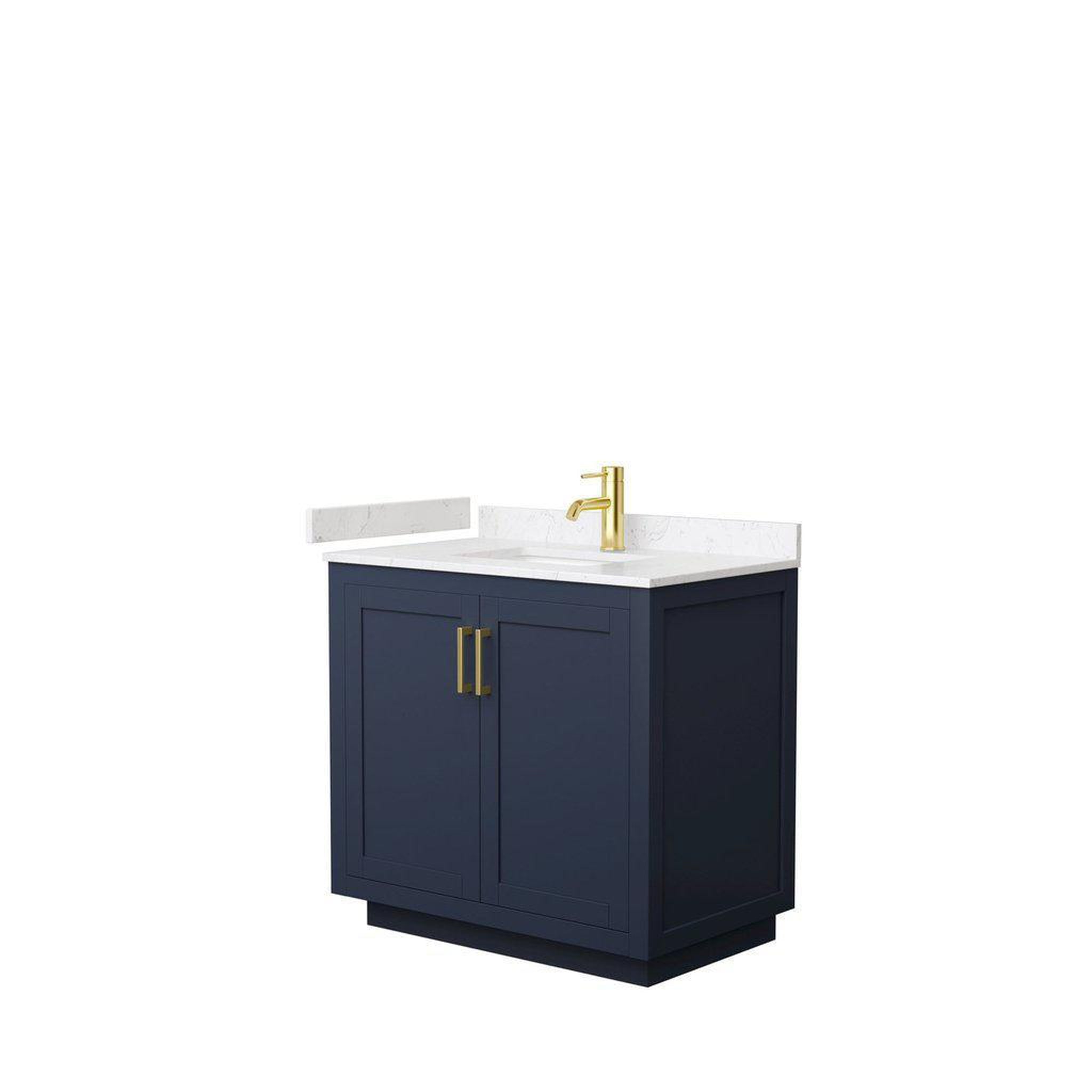 Wyndham Collection, Wyndham Collection Miranda 36" Single Bathroom Dark Blue Vanity Set With Light-Vein Carrara Cultured Marble Countertop, Undermount Square Sink, And Brushed Gold Trim