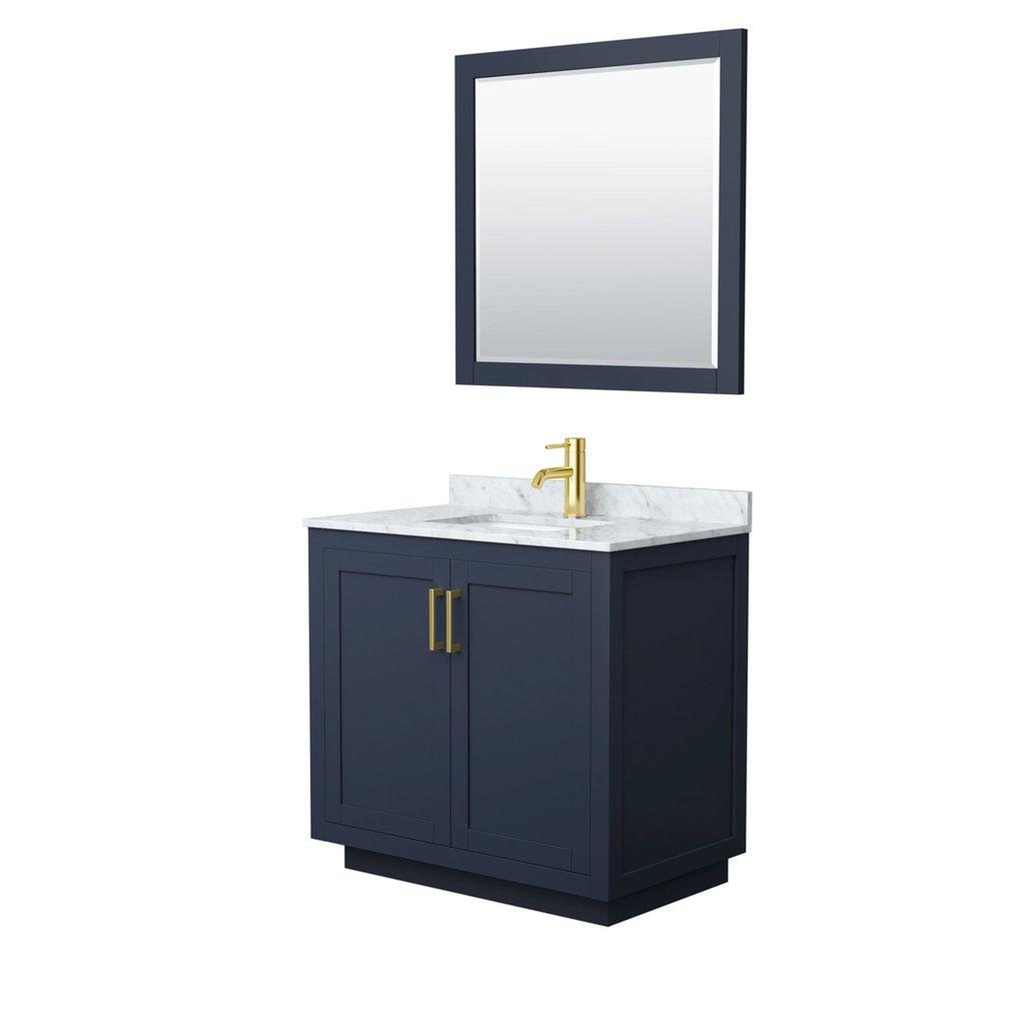 Wyndham Collection, Wyndham Collection Miranda 36" Single Bathroom Dark Blue Vanity Set With White Carrara Marble Countertop, Undermount Square Sink, 34" Mirror And Brushed Gold Trim