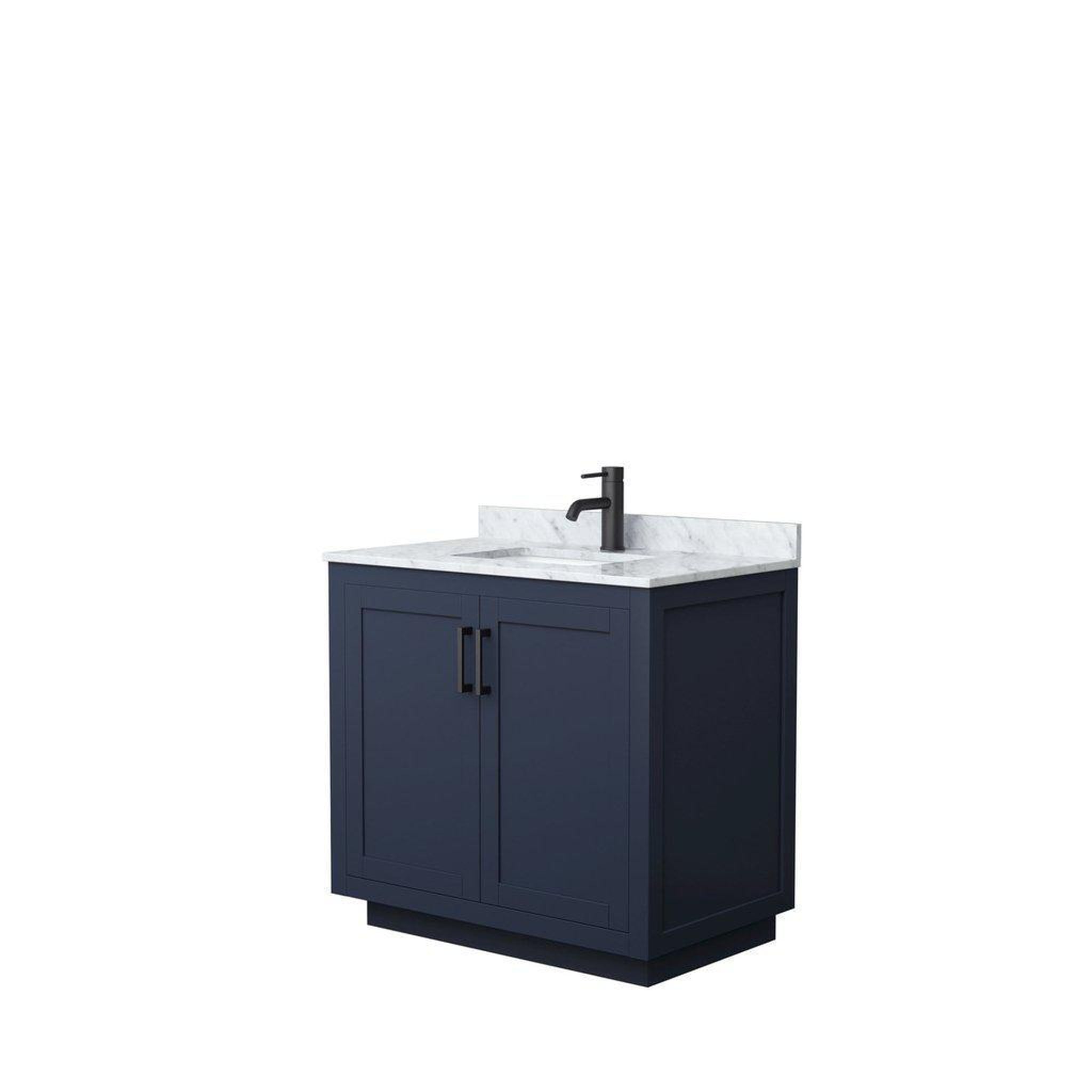 Wyndham Collection, Wyndham Collection Miranda 36" Single Bathroom Dark Blue Vanity Set With White Carrara Marble Countertop, Undermount Square Sink, And Matte Black Trim