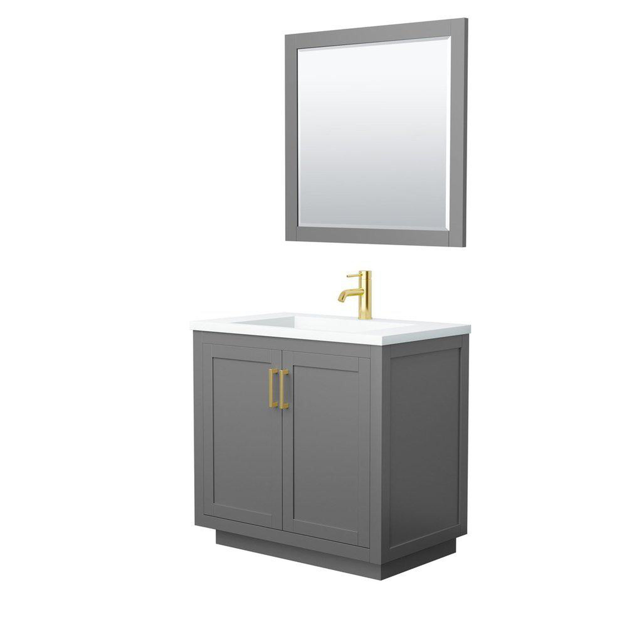 Wyndham Collection, Wyndham Collection Miranda 36" Single Bathroom Dark Gray Vanity Set With 1.25" Thick Matte White Solid Surface Countertop, Integrated Sink, 34" Mirror And Brushed Gold Trim