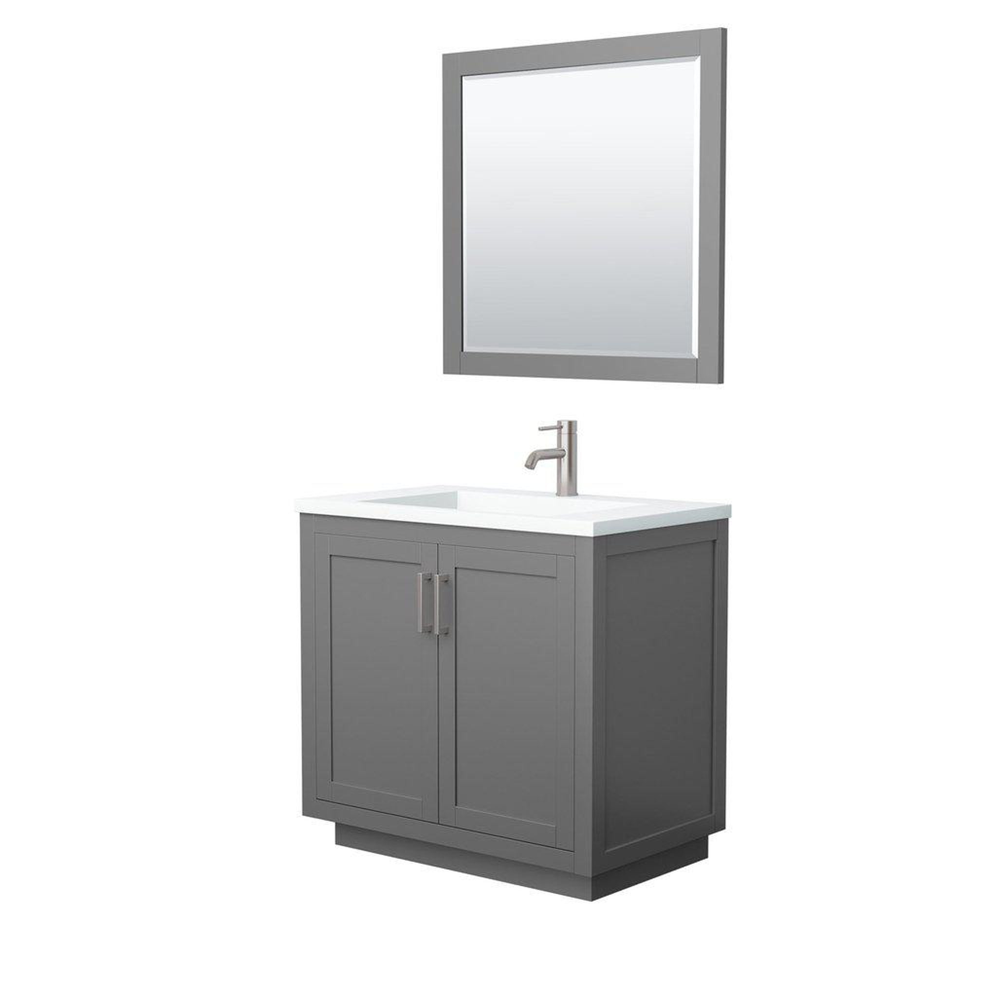 Wyndham Collection, Wyndham Collection Miranda 36" Single Bathroom Dark Gray Vanity Set With 1.25" Thick Matte White Solid Surface Countertop, Integrated Sink, 34" Mirror And Brushed Nickel Trim