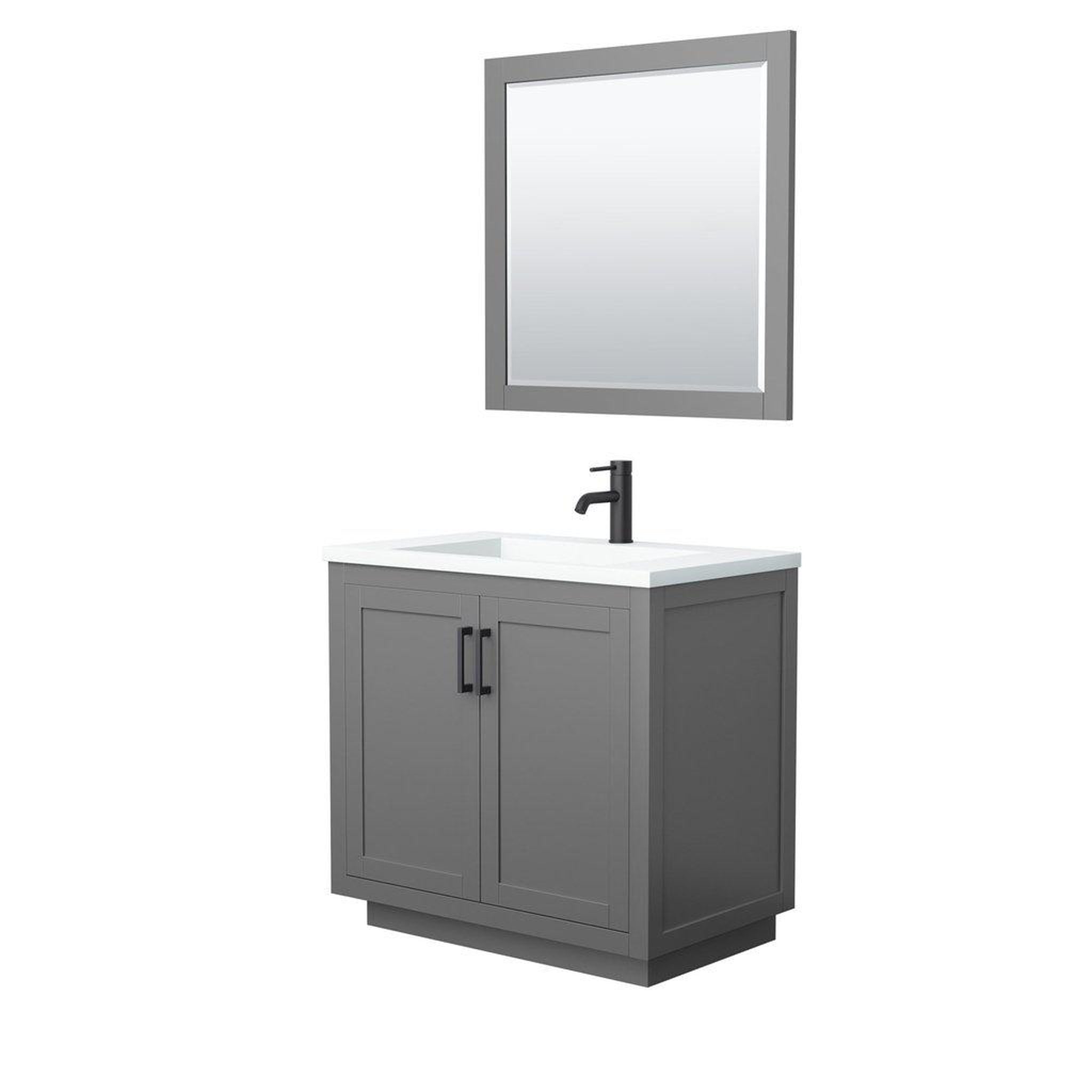 Wyndham Collection, Wyndham Collection Miranda 36" Single Bathroom Dark Gray Vanity Set With 1.25" Thick Matte White Solid Surface Countertop, Integrated Sink, 34" Mirror And Matte Black Trim