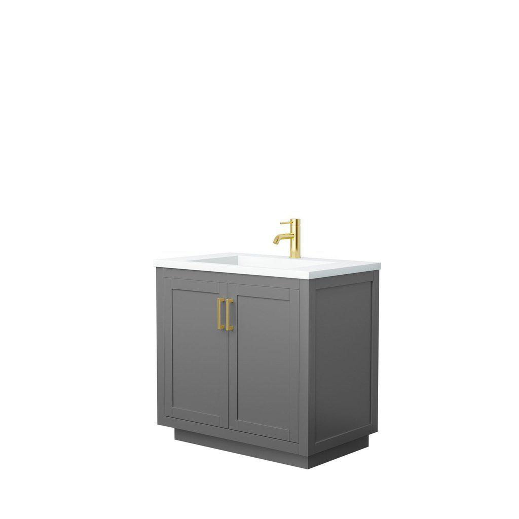 Wyndham Collection, Wyndham Collection Miranda 36" Single Bathroom Dark Gray Vanity Set With 1.25" Thick Matte White Solid Surface Countertop, Integrated Sink, And Brushed Gold Trim