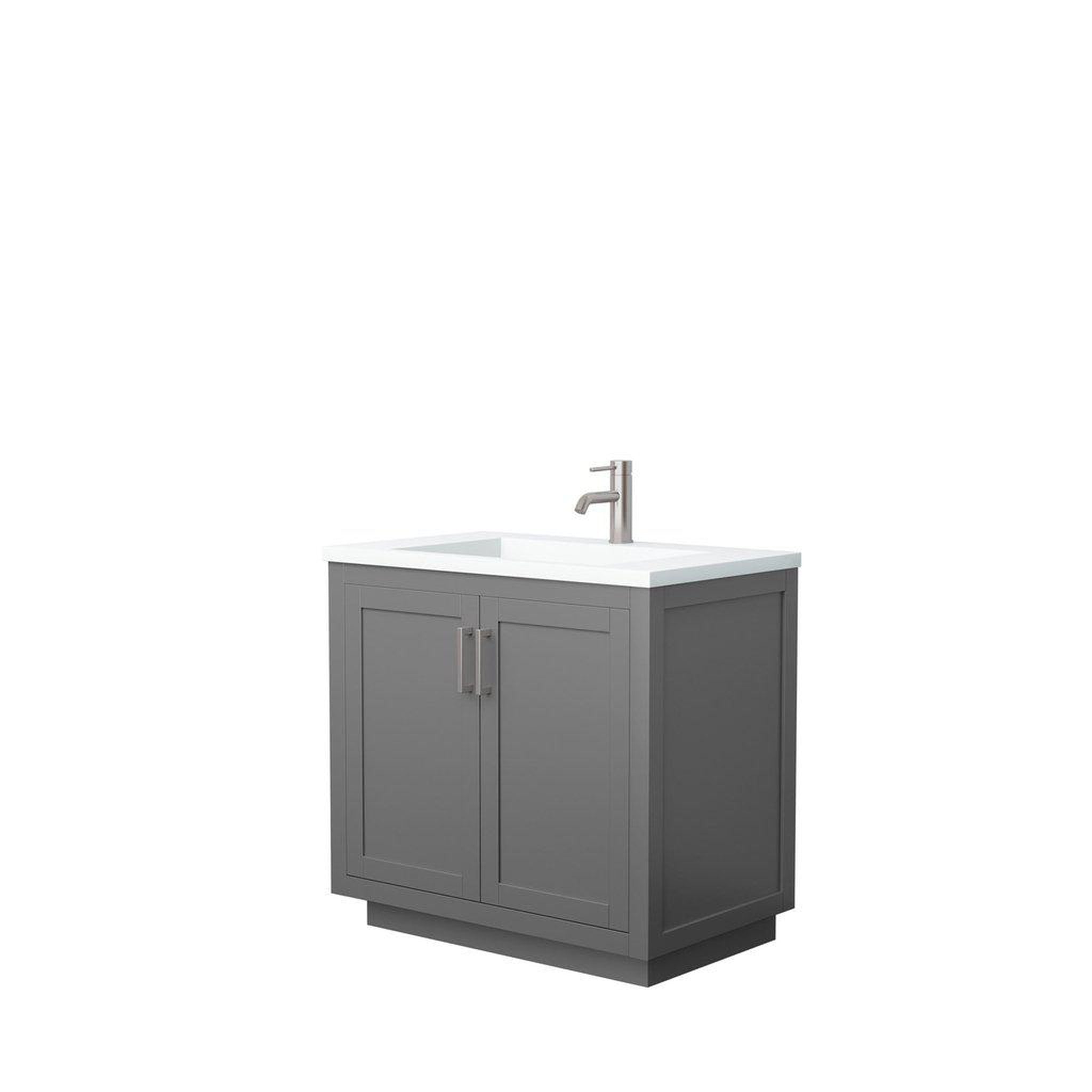 Wyndham Collection, Wyndham Collection Miranda 36" Single Bathroom Dark Gray Vanity Set With 1.25" Thick Matte White Solid Surface Countertop, Integrated Sink, And Brushed Nickel Trim