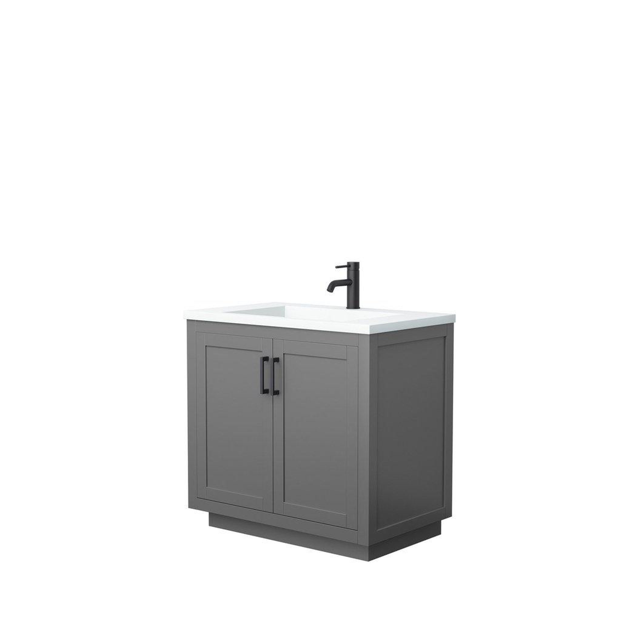 Wyndham Collection, Wyndham Collection Miranda 36" Single Bathroom Dark Gray Vanity Set With 1.25" Thick Matte White Solid Surface Countertop, Integrated Sink, And Matte Black Trim