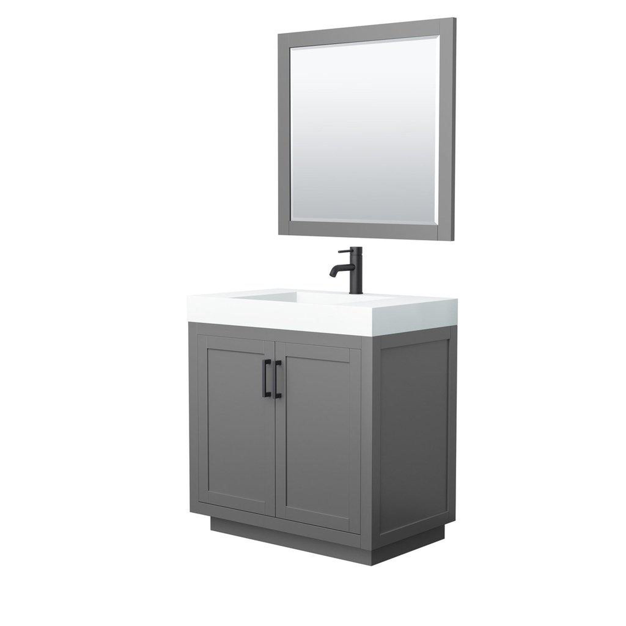 Wyndham Collection, Wyndham Collection Miranda 36" Single Bathroom Dark Gray Vanity Set With 4" Thick Matte White Solid Surface Countertop, Integrated Sink, 34" Mirror And Matte Black Trim