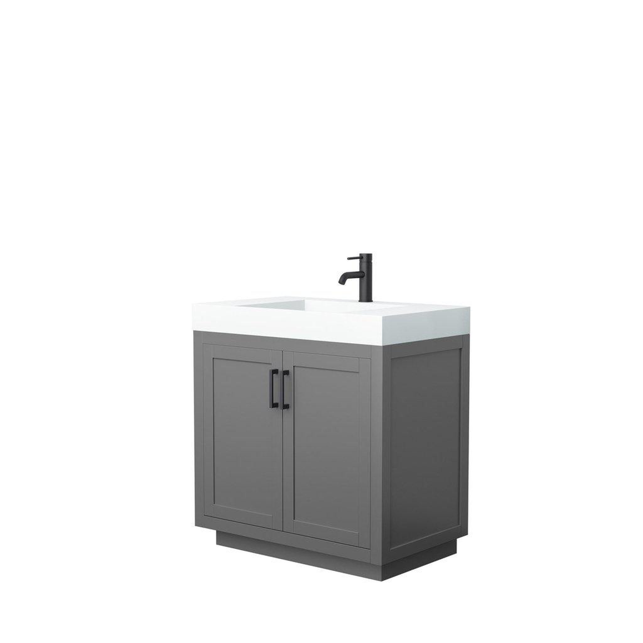 Wyndham Collection, Wyndham Collection Miranda 36" Single Bathroom Dark Gray Vanity Set With 4" Thick Matte White Solid Surface Countertop, Integrated Sink, And Matte Black Trim