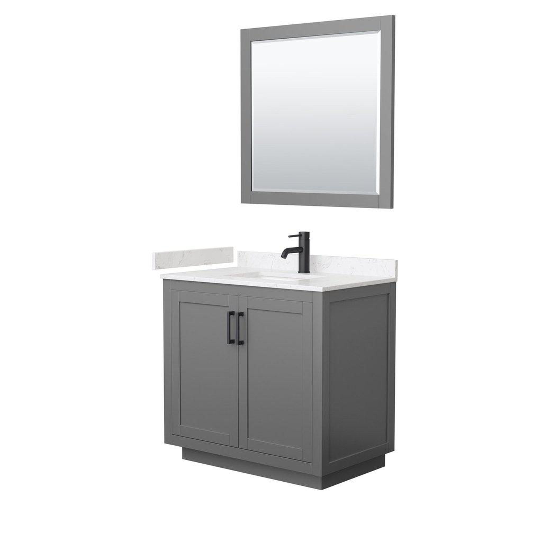 Wyndham Collection, Wyndham Collection Miranda 36" Single Bathroom Dark Gray Vanity Set With Light-Vein Carrara Cultured Marble Countertop, Undermount Square Sink, 34" Mirror And Matte Black Trim