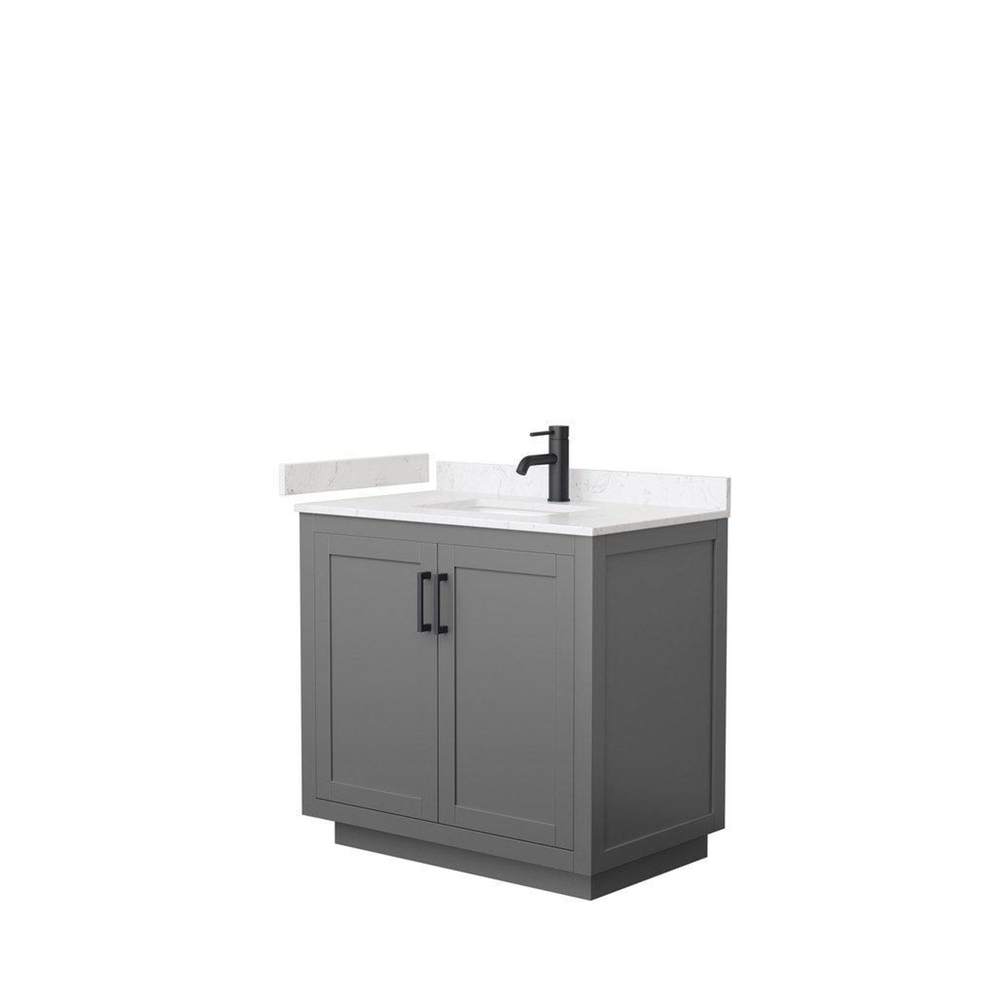 Wyndham Collection, Wyndham Collection Miranda 36" Single Bathroom Dark Gray Vanity Set With Light-Vein Carrara Cultured Marble Countertop, Undermount Square Sink, And Matte Black Trim