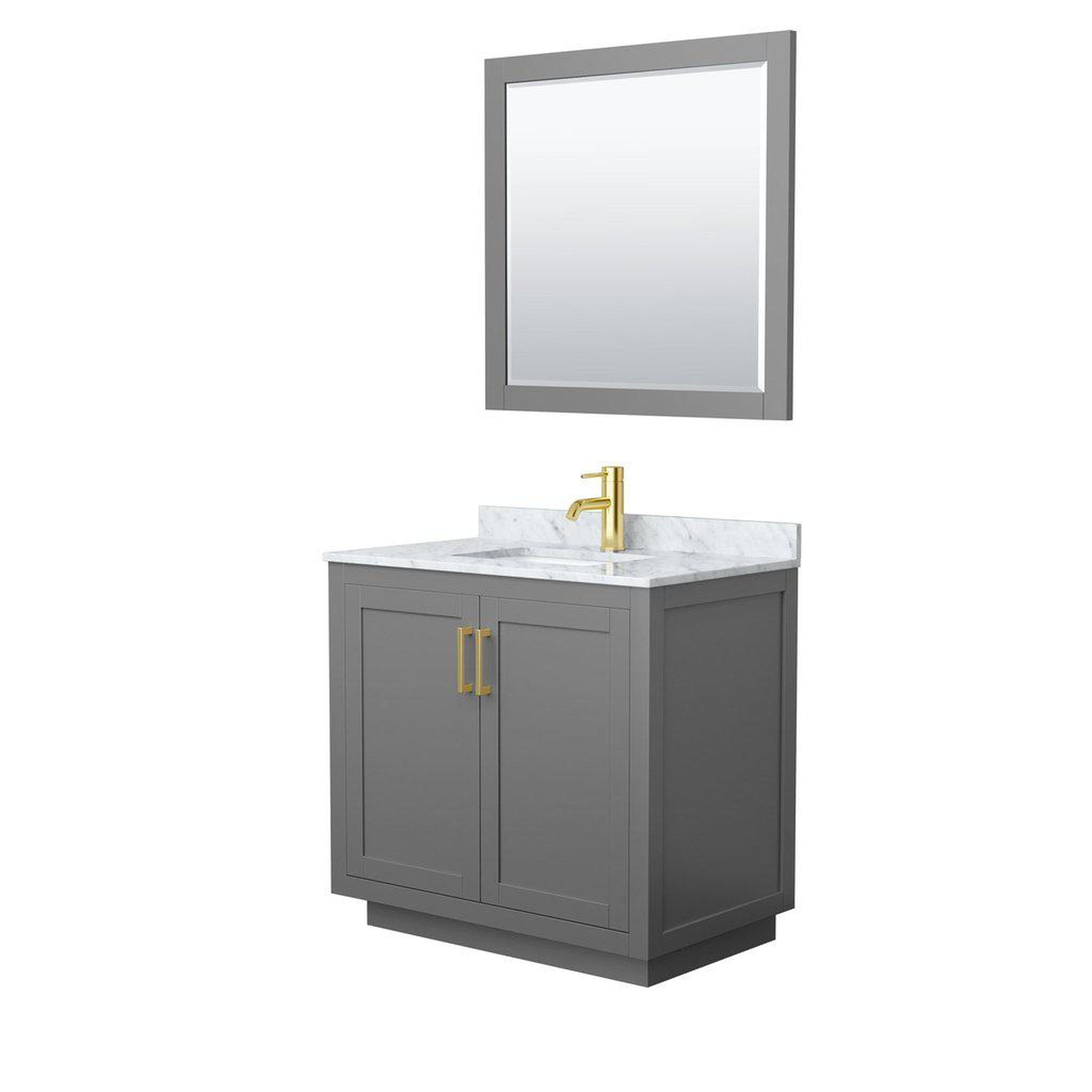 Wyndham Collection, Wyndham Collection Miranda 36" Single Bathroom Dark Gray Vanity Set With White Carrara Marble Countertop, Undermount Square Sink, 34" Mirror And Brushed Gold Trim