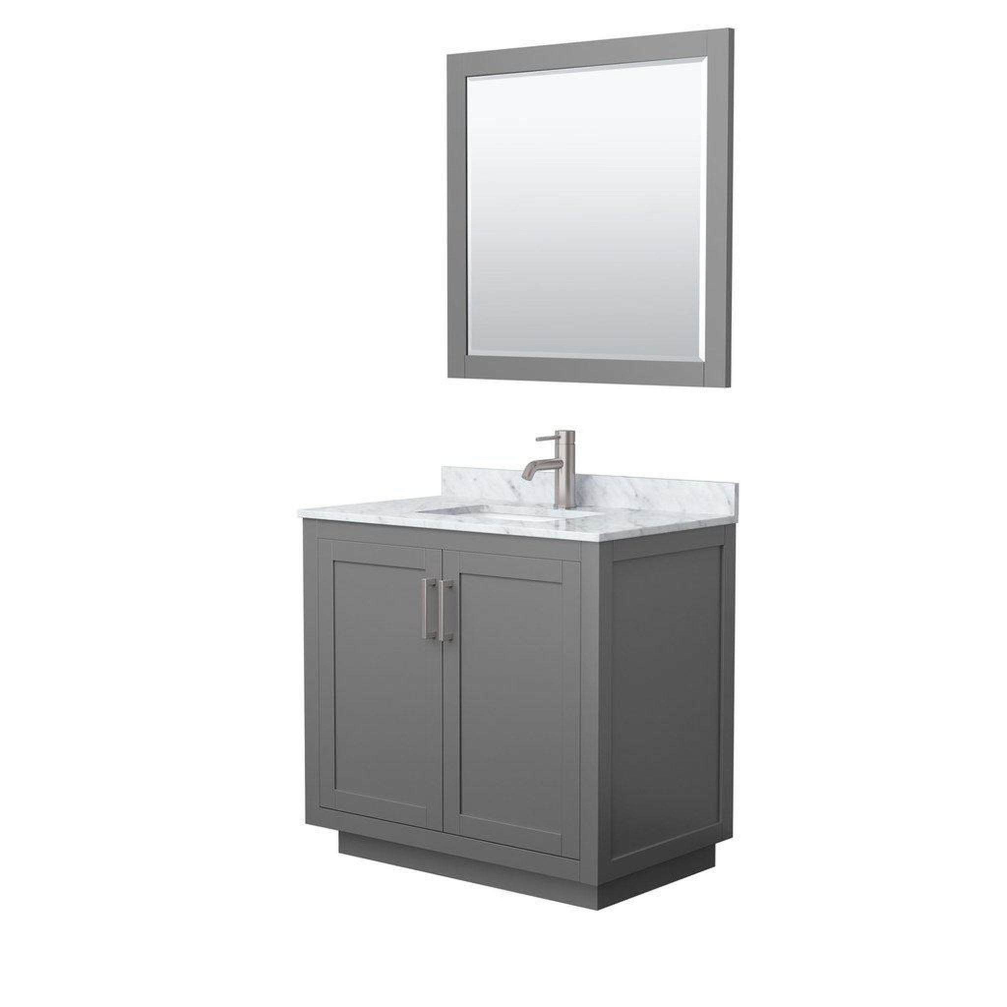 Wyndham Collection, Wyndham Collection Miranda 36" Single Bathroom Dark Gray Vanity Set With White Carrara Marble Countertop, Undermount Square Sink, 34" Mirror And Brushed Nickel Trim