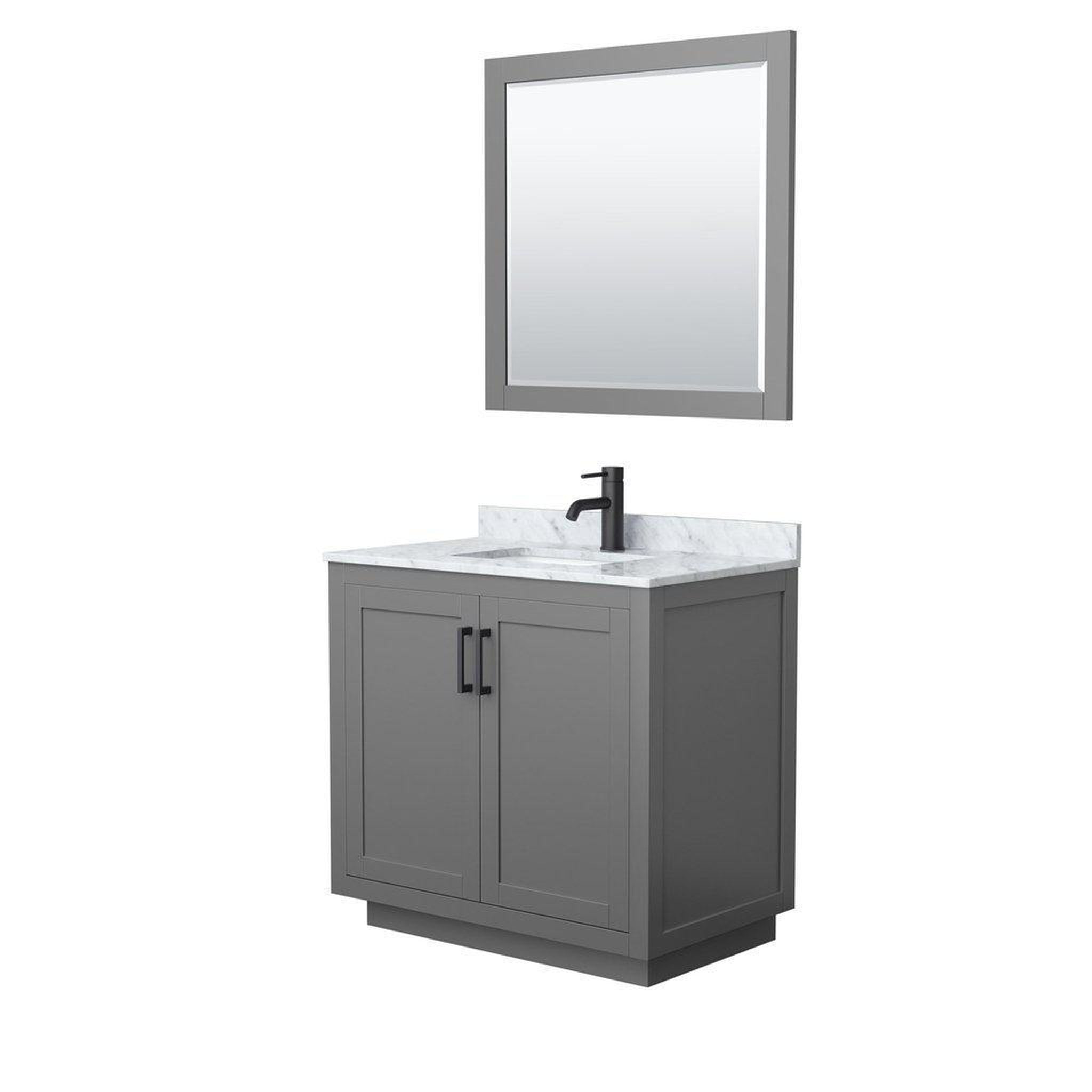 Wyndham Collection, Wyndham Collection Miranda 36" Single Bathroom Dark Gray Vanity Set With White Carrara Marble Countertop, Undermount Square Sink, 34" Mirror And Matte Black Trim