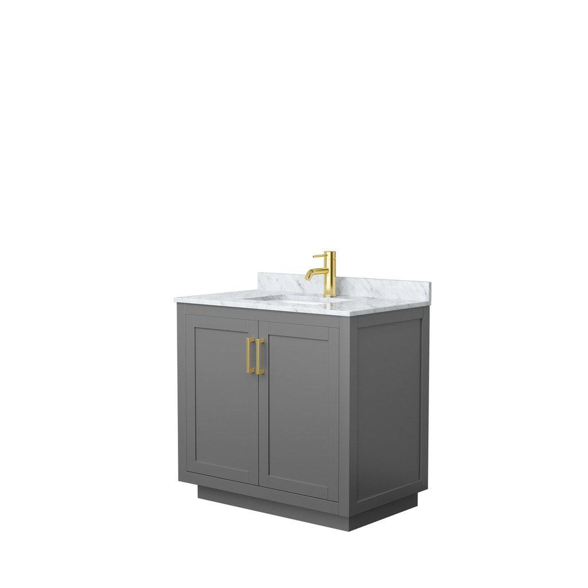 Wyndham Collection, Wyndham Collection Miranda 36" Single Bathroom Dark Gray Vanity Set With White Carrara Marble Countertop, Undermount Square Sink, And Brushed Gold Trim