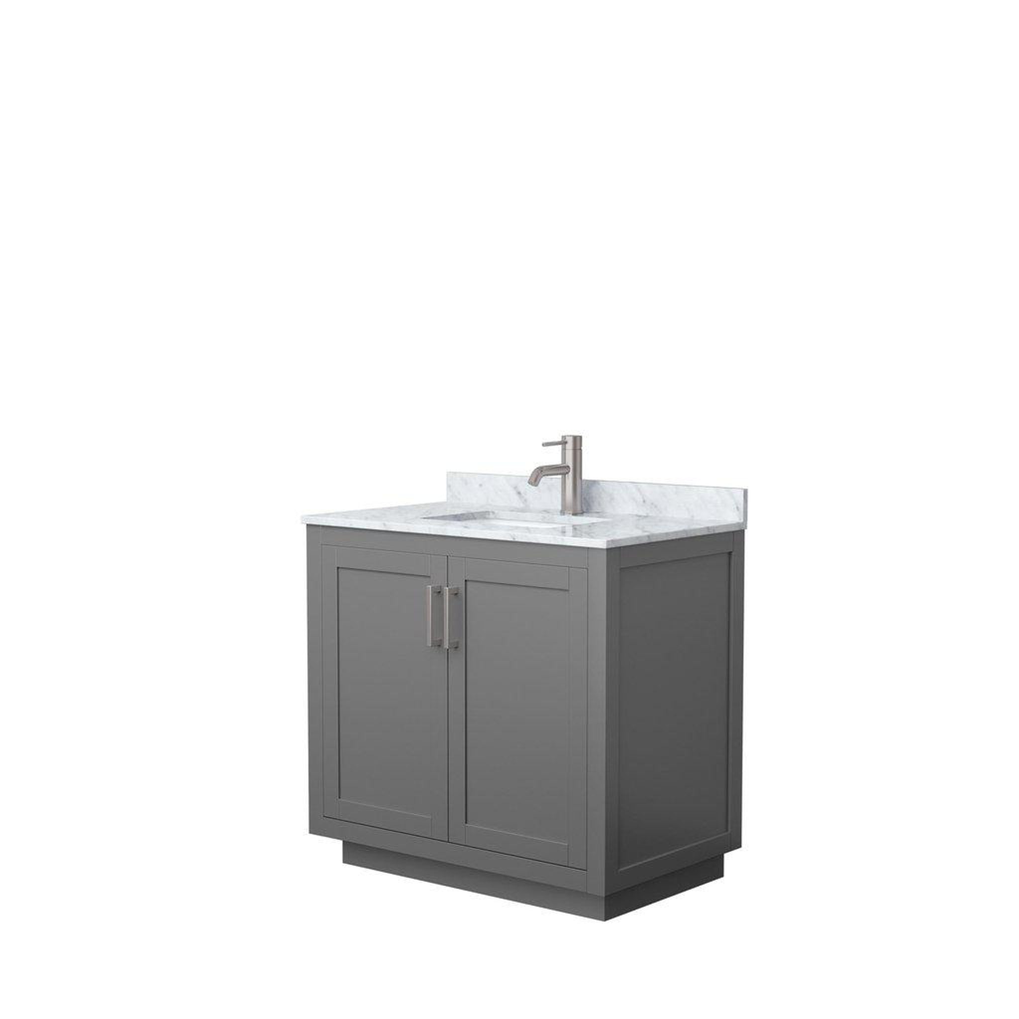 Wyndham Collection, Wyndham Collection Miranda 36" Single Bathroom Dark Gray Vanity Set With White Carrara Marble Countertop, Undermount Square Sink, And Brushed Nickel Trim