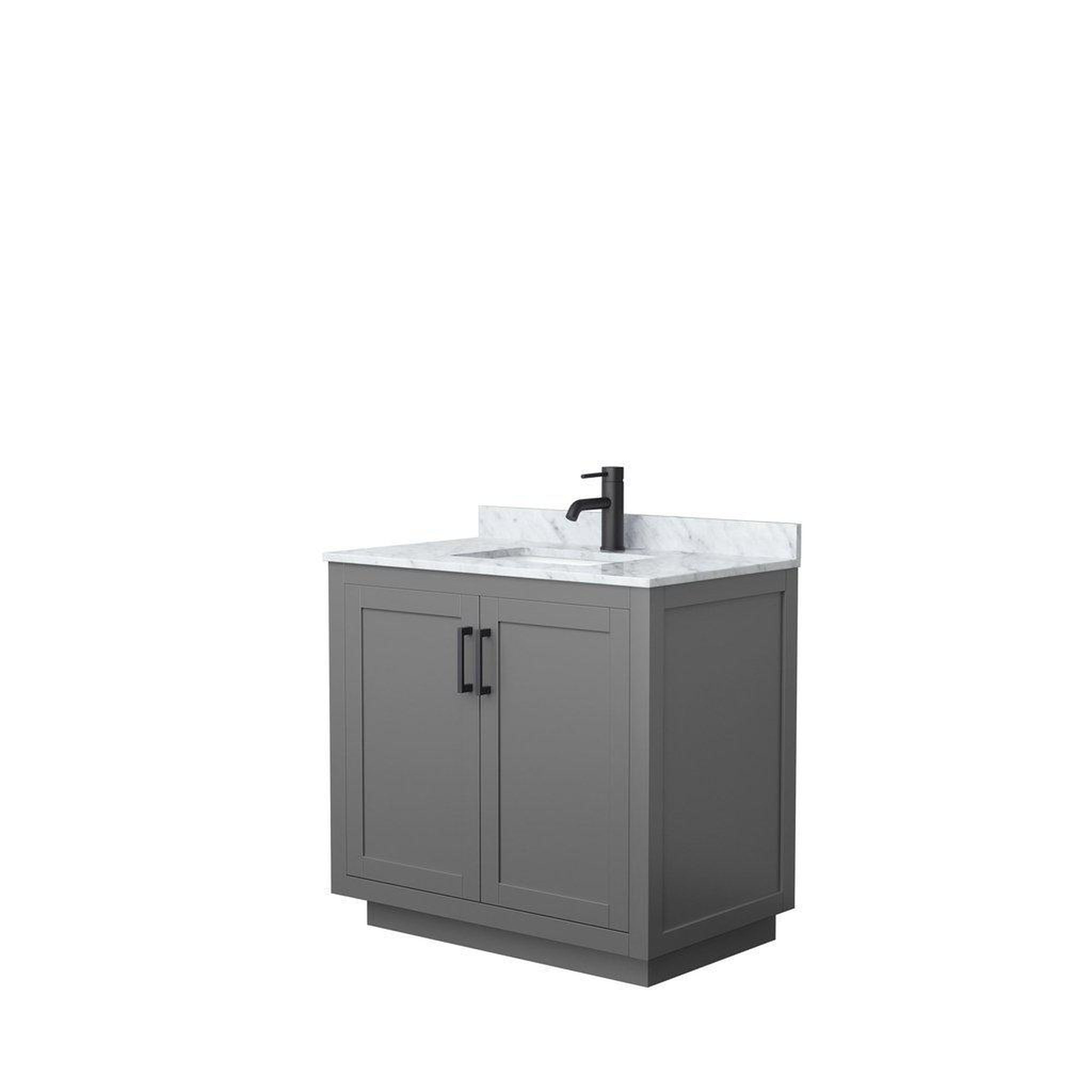 Wyndham Collection, Wyndham Collection Miranda 36" Single Bathroom Dark Gray Vanity Set With White Carrara Marble Countertop, Undermount Square Sink, And Matte Black Trim