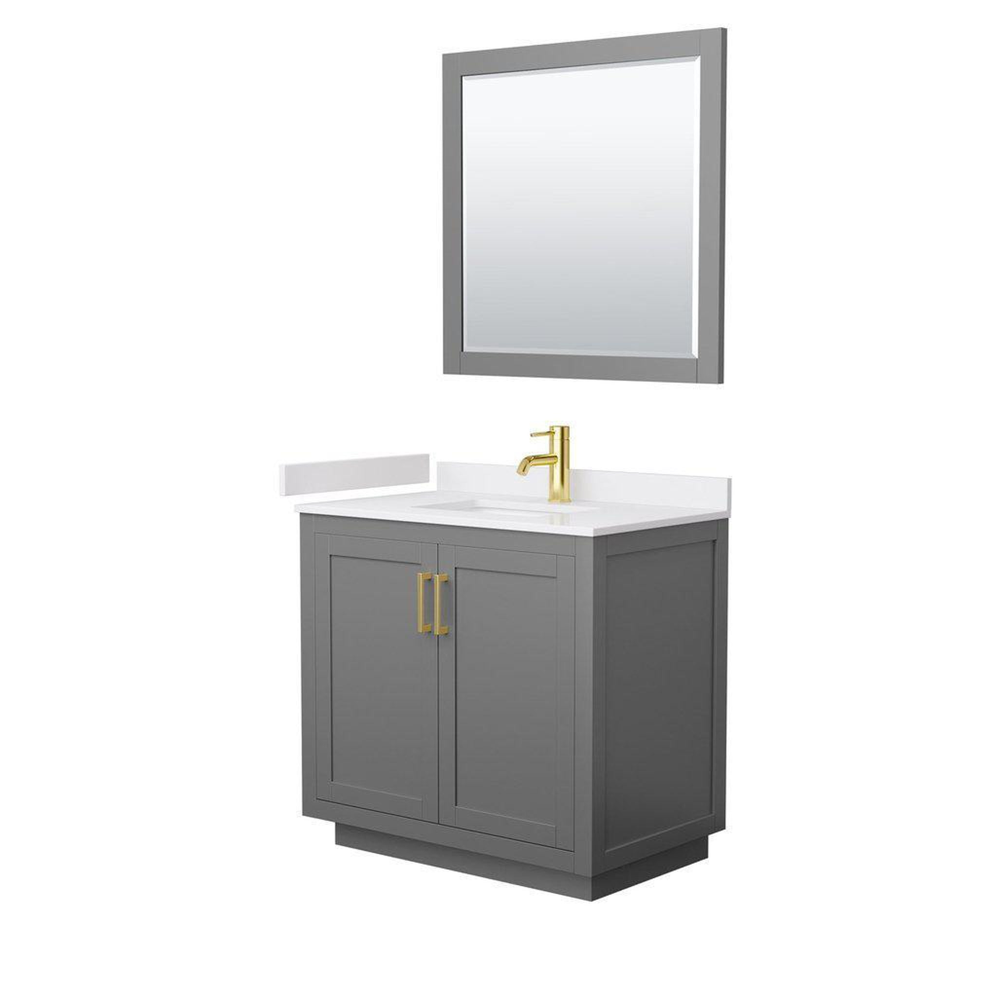 Wyndham Collection, Wyndham Collection Miranda 36" Single Bathroom Dark Gray Vanity Set With White Cultured Marble Countertop, Undermount Square Sink, 34" Mirror And Brushed Gold Trim