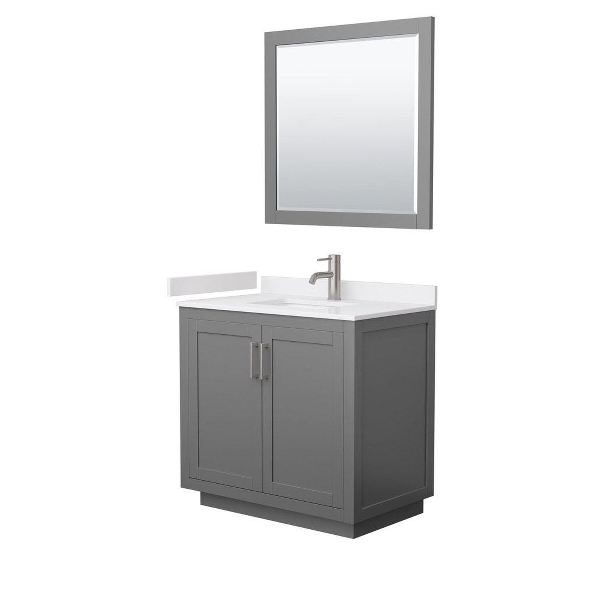 Wyndham Collection, Wyndham Collection Miranda 36" Single Bathroom Dark Gray Vanity Set With White Cultured Marble Countertop, Undermount Square Sink, 34" Mirror And Brushed Nickel Trim