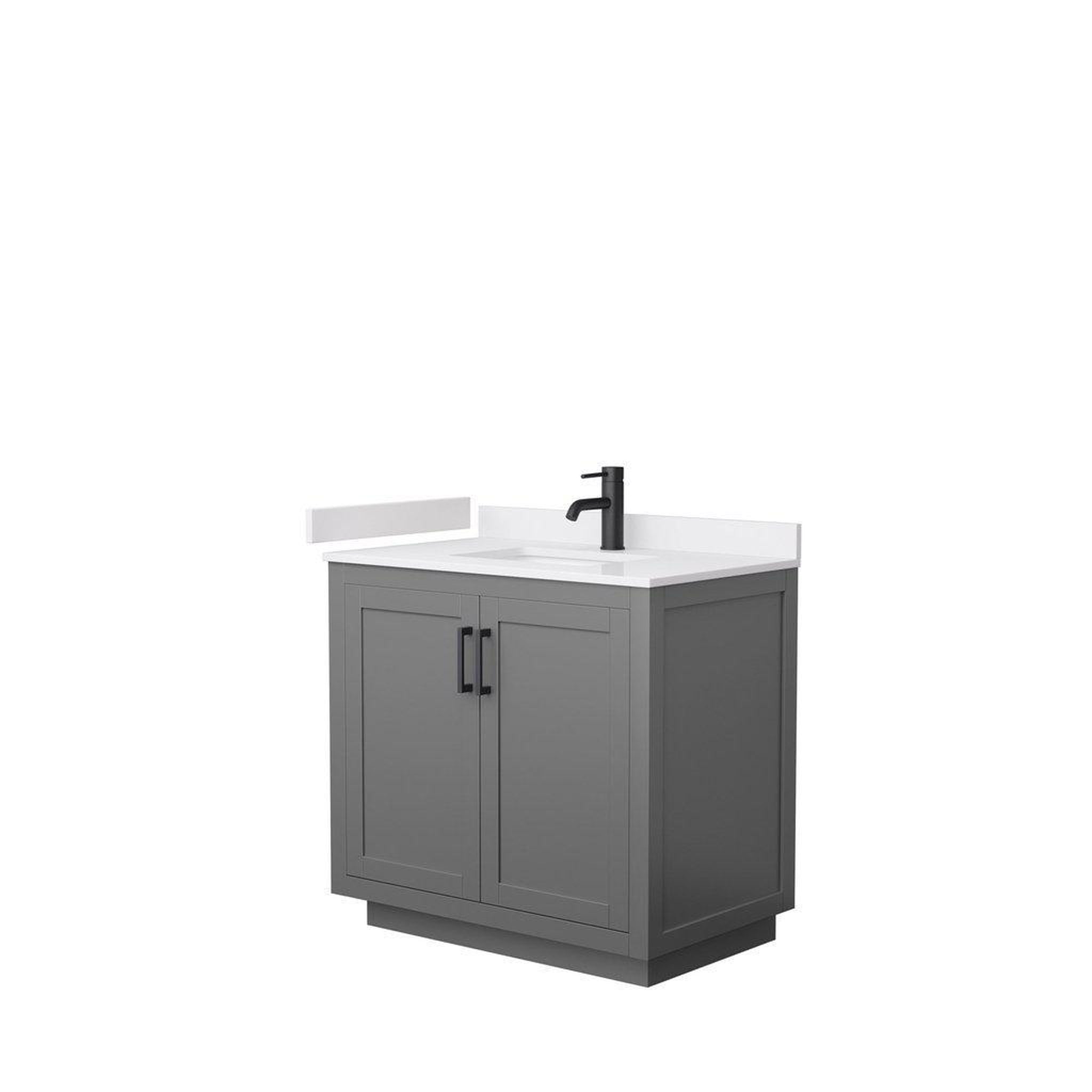 Wyndham Collection, Wyndham Collection Miranda 36" Single Bathroom Dark Gray Vanity Set With White Cultured Marble Countertop, Undermount Square Sink, And Matte Black Trim