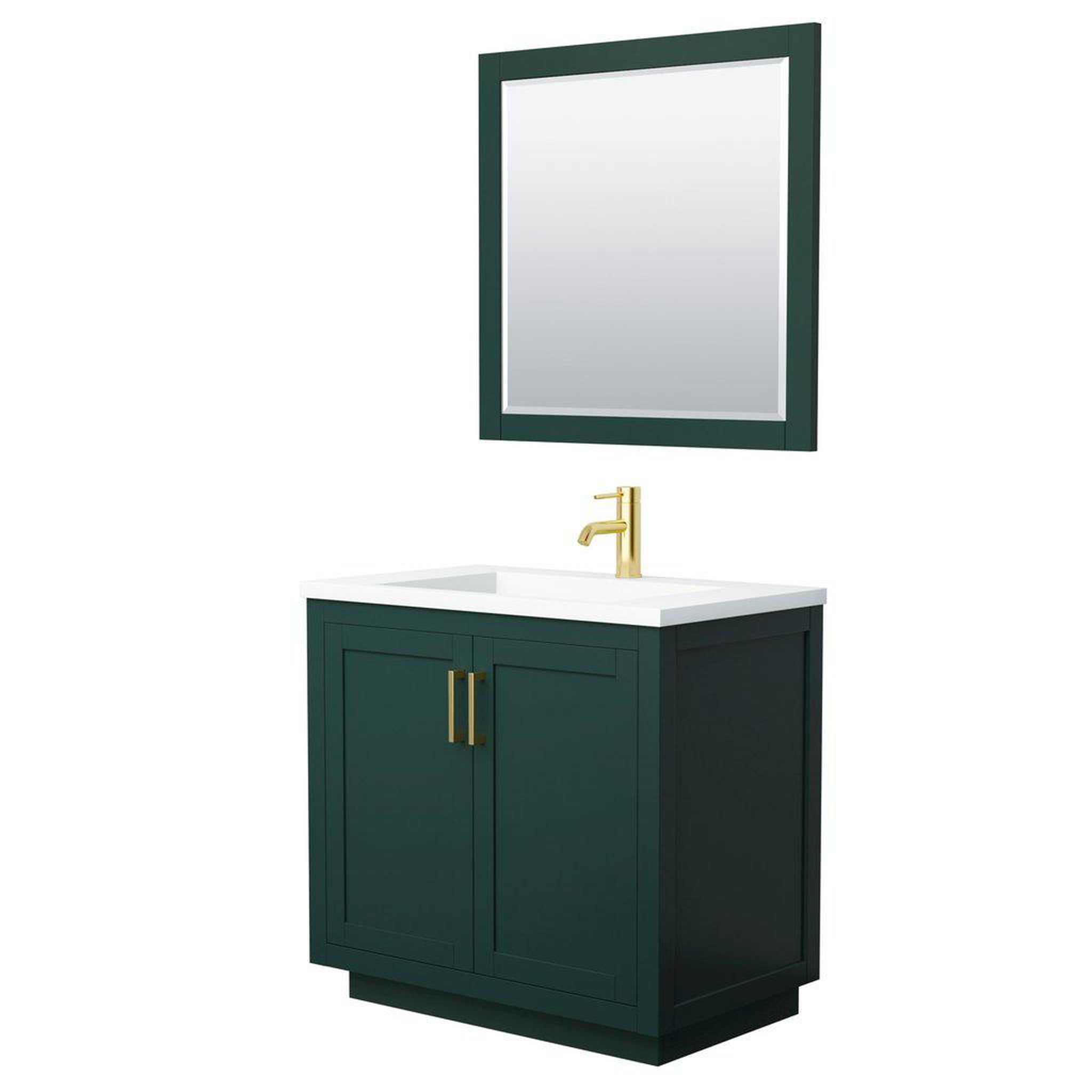 Wyndham Collection, Wyndham Collection Miranda 36" Single Bathroom Green Vanity Set With 1.25" Thick Matte White Solid Surface Countertop, Integrated Sink, 34" Mirror And Brushed Gold Trim