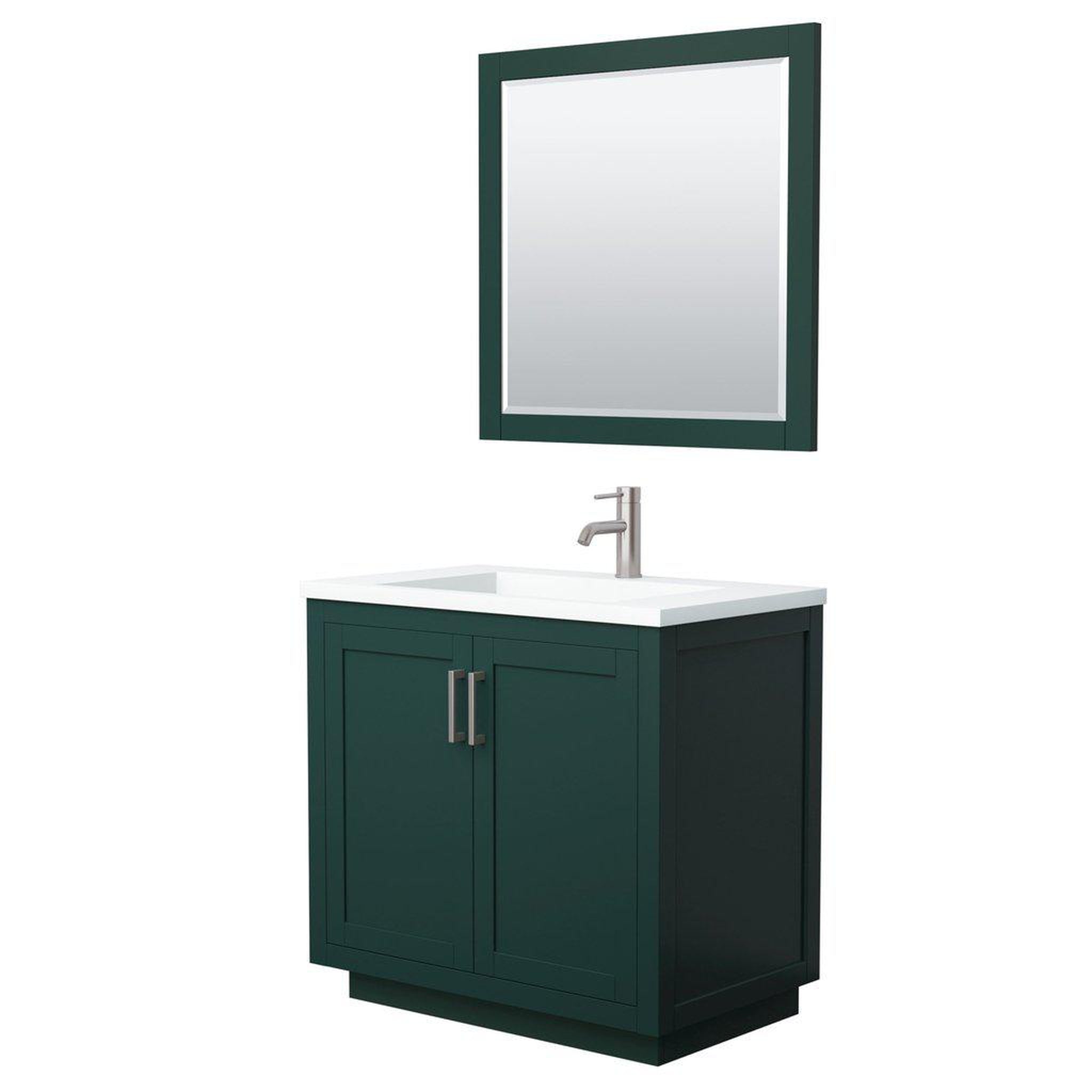 Wyndham Collection, Wyndham Collection Miranda 36" Single Bathroom Green Vanity Set With 1.25" Thick Matte White Solid Surface Countertop, Integrated Sink, 34" Mirror And Brushed Nickel Trim