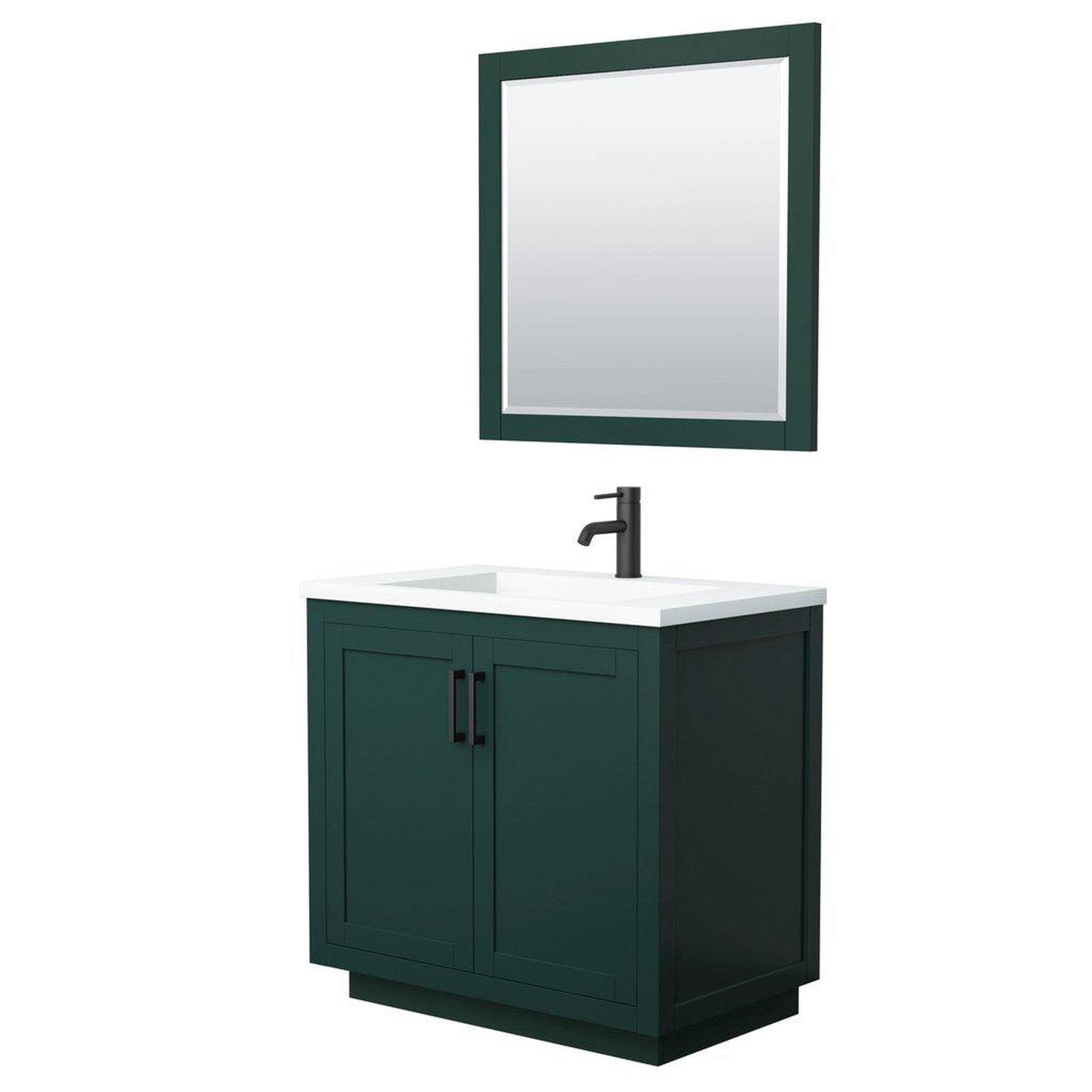 Wyndham Collection, Wyndham Collection Miranda 36" Single Bathroom Green Vanity Set With 1.25" Thick Matte White Solid Surface Countertop, Integrated Sink, 34" Mirror And Matte Black Trim