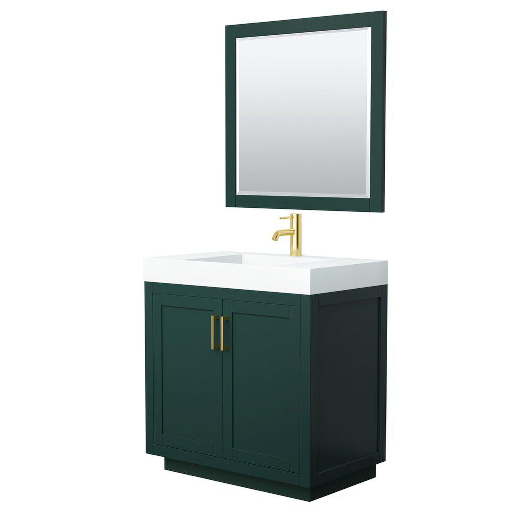 Wyndham Collection, Wyndham Collection Miranda 36" Single Bathroom Green Vanity Set With 4" Thick Matte White Solid Surface Countertop, Integrated Sink, 34" Mirror And Brushed Gold Trim