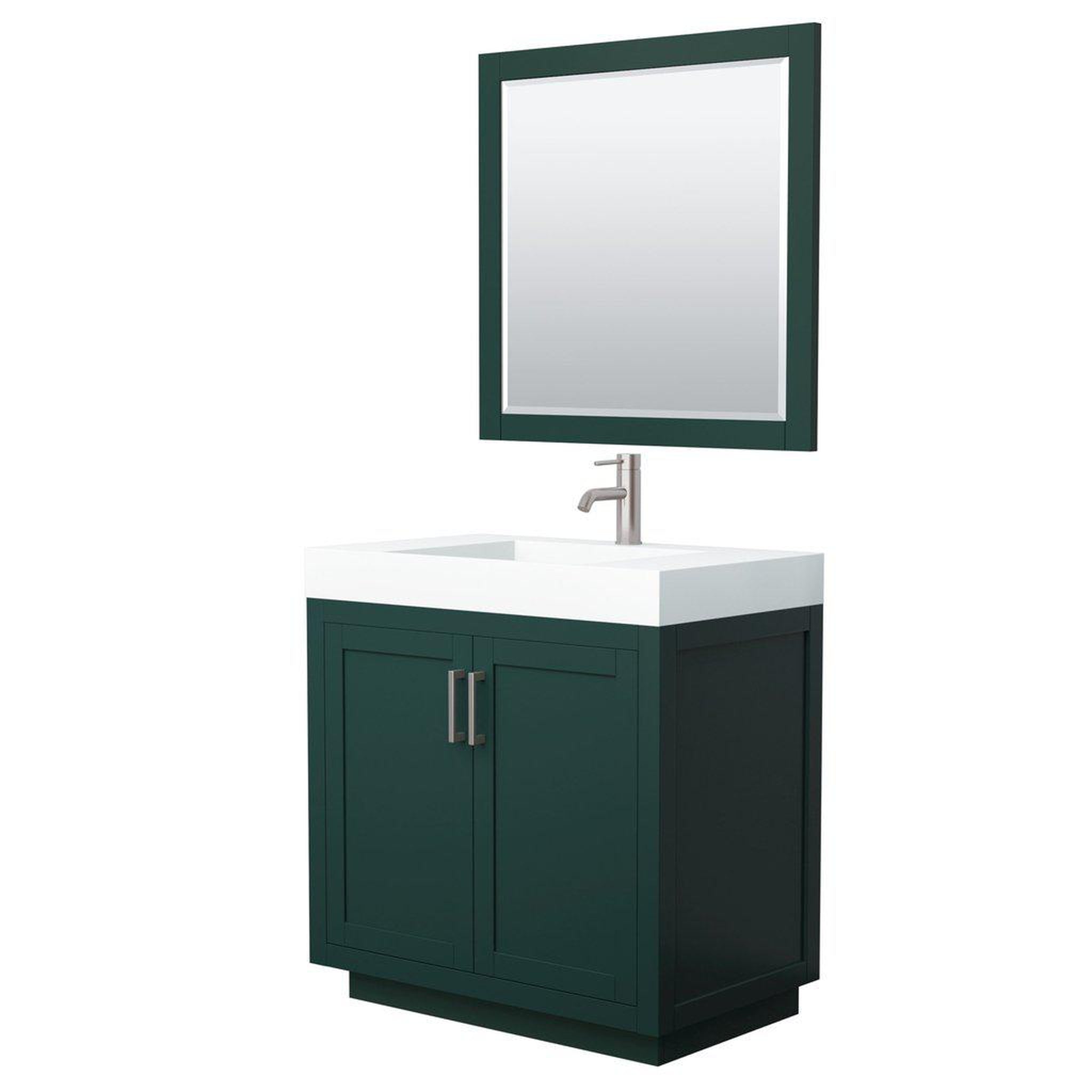 Wyndham Collection, Wyndham Collection Miranda 36" Single Bathroom Green Vanity Set With 4" Thick Matte White Solid Surface Countertop, Integrated Sink, 34" Mirror And Brushed Nickel Trim