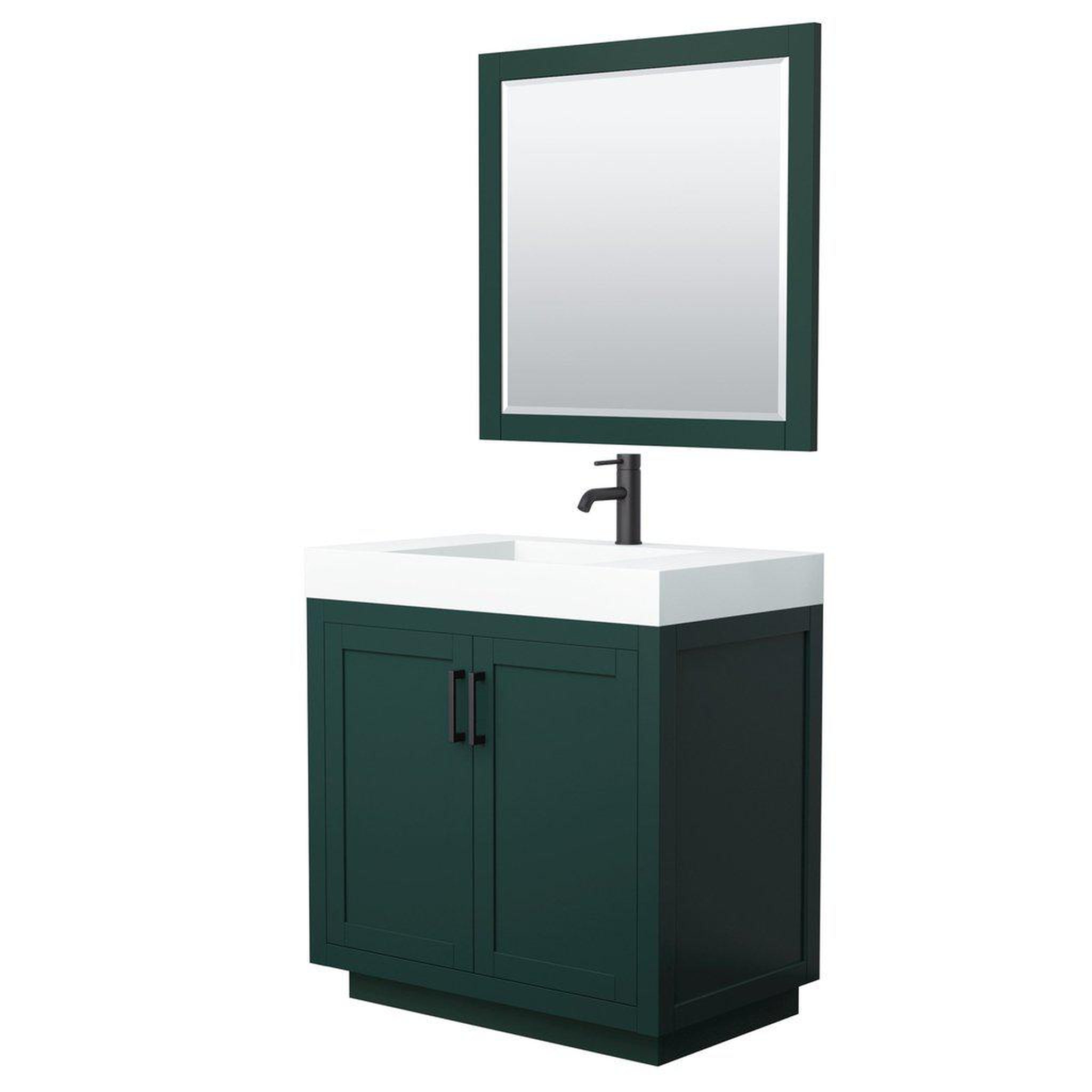 Wyndham Collection, Wyndham Collection Miranda 36" Single Bathroom Green Vanity Set With 4" Thick Matte White Solid Surface Countertop, Integrated Sink, 34" Mirror And Matte Black Trim