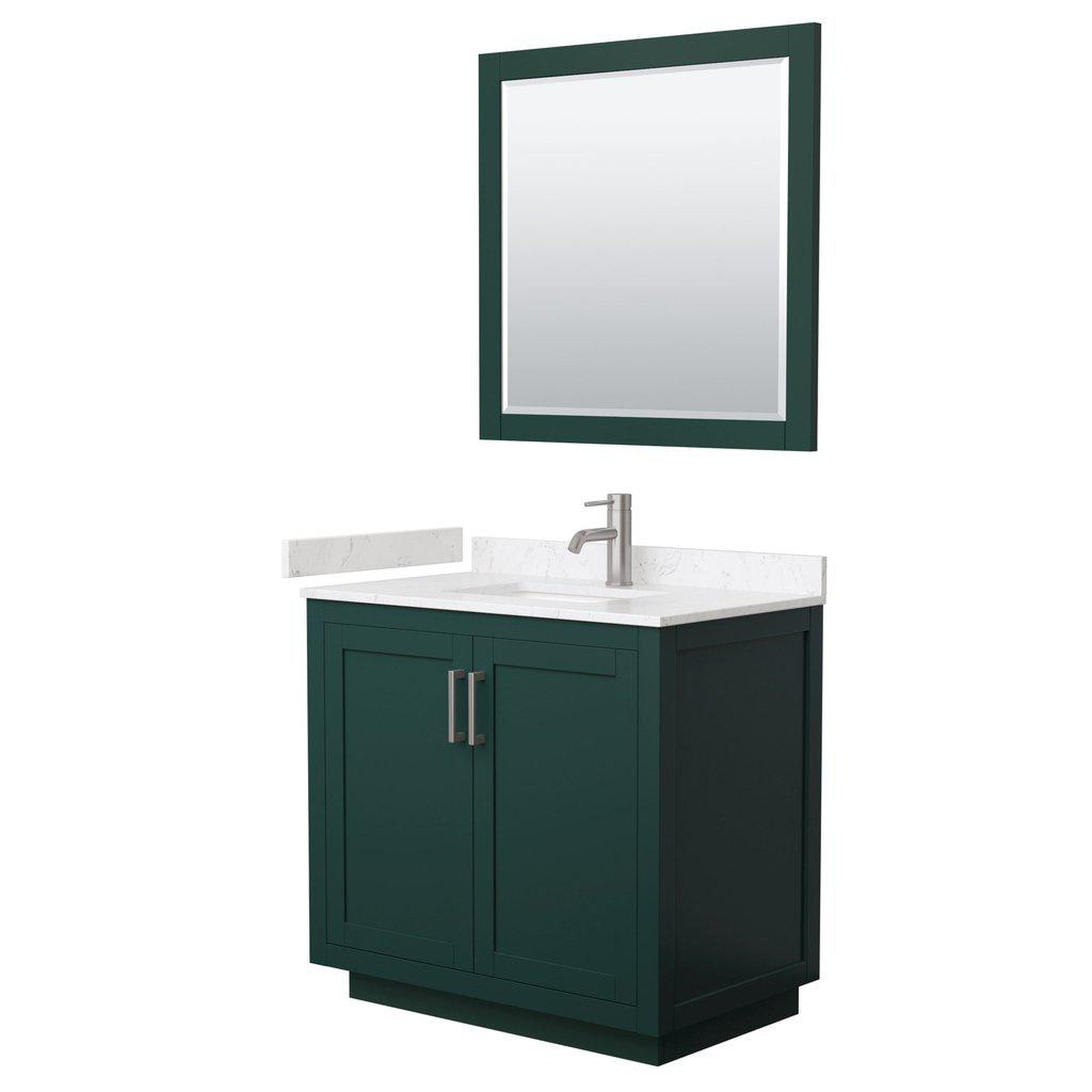 Wyndham Collection, Wyndham Collection Miranda 36" Single Bathroom Green Vanity Set With Light-Vein Carrara Cultured Marble Countertop, Undermount Square Sink, 34" Mirror And Brushed Nickel Trim