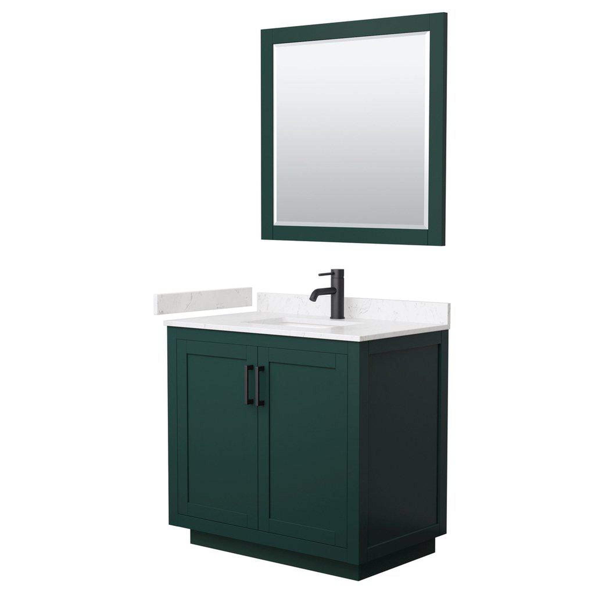 Wyndham Collection, Wyndham Collection Miranda 36" Single Bathroom Green Vanity Set With Light-Vein Carrara Cultured Marble Countertop, Undermount Square Sink, 34" Mirror And Matte Black Trim