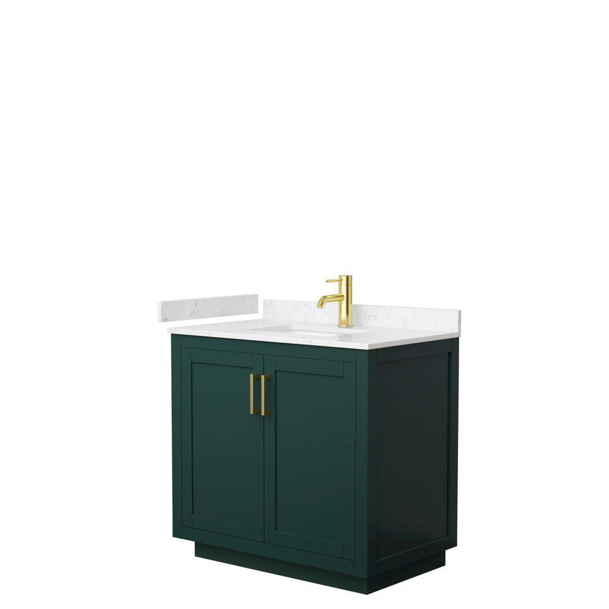 Wyndham Collection, Wyndham Collection Miranda 36" Single Bathroom Green Vanity Set With Light-Vein Carrara Cultured Marble Countertop, Undermount Square Sink, And Brushed Gold Trim