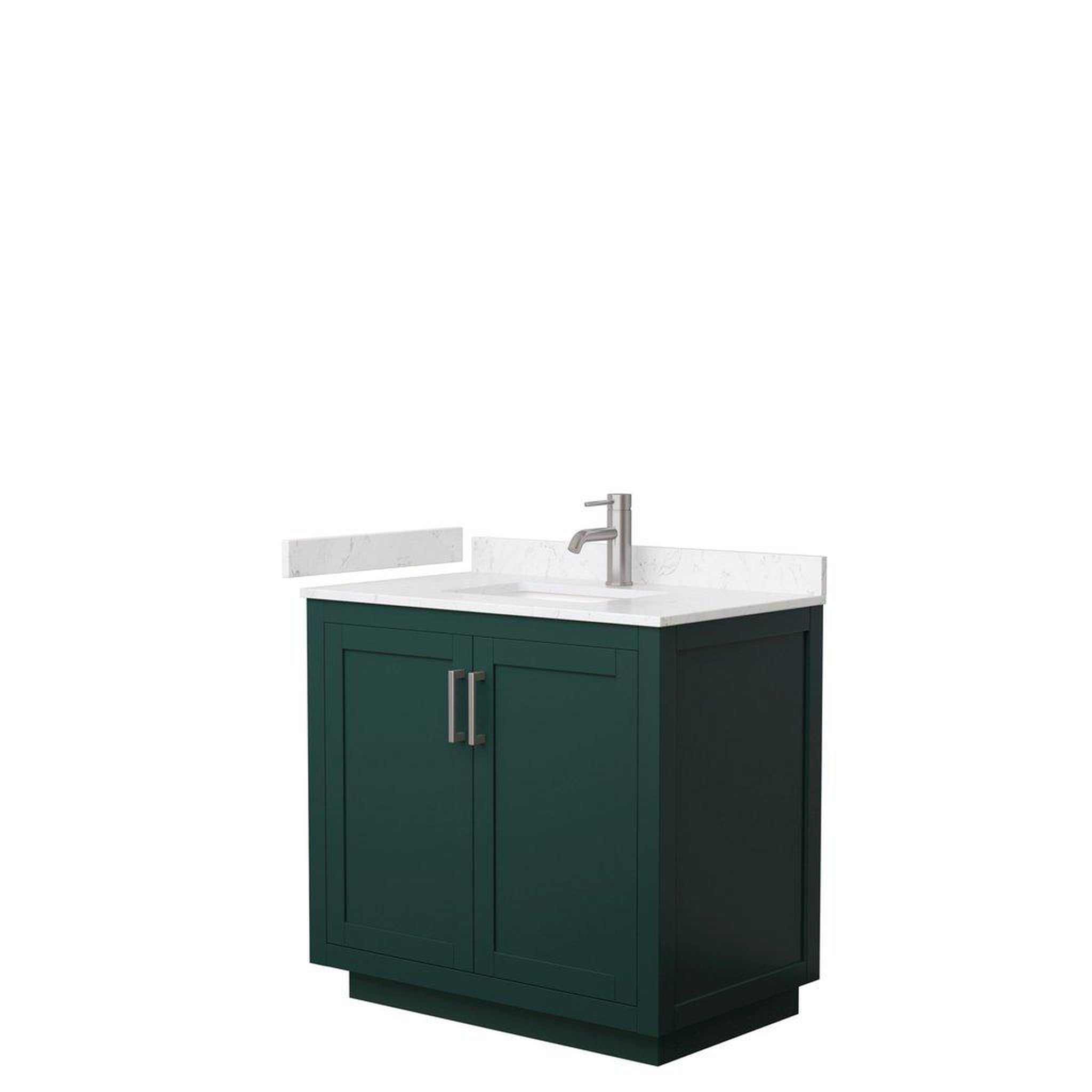 Wyndham Collection, Wyndham Collection Miranda 36" Single Bathroom Green Vanity Set With Light-Vein Carrara Cultured Marble Countertop, Undermount Square Sink, And Brushed Nickel Trim