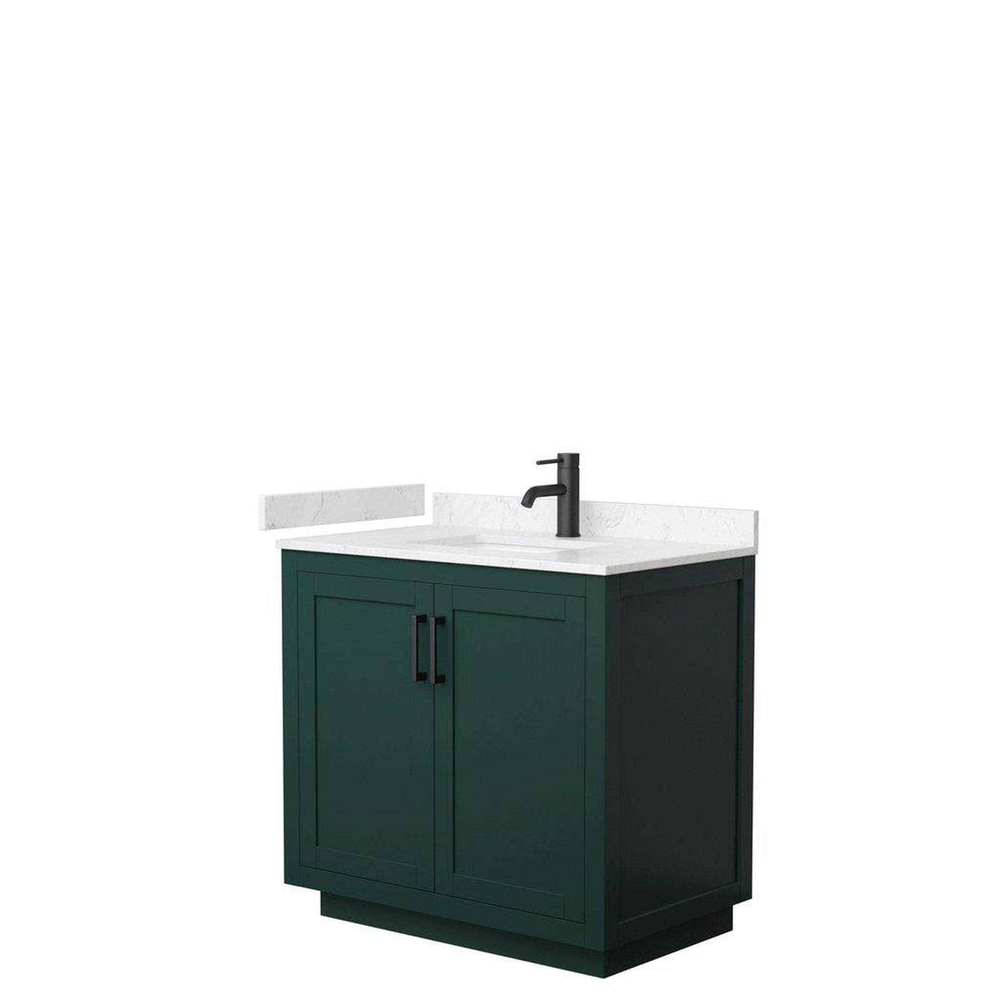 Wyndham Collection, Wyndham Collection Miranda 36" Single Bathroom Green Vanity Set With Light-Vein Carrara Cultured Marble Countertop, Undermount Square Sink, And Matte Black Trim