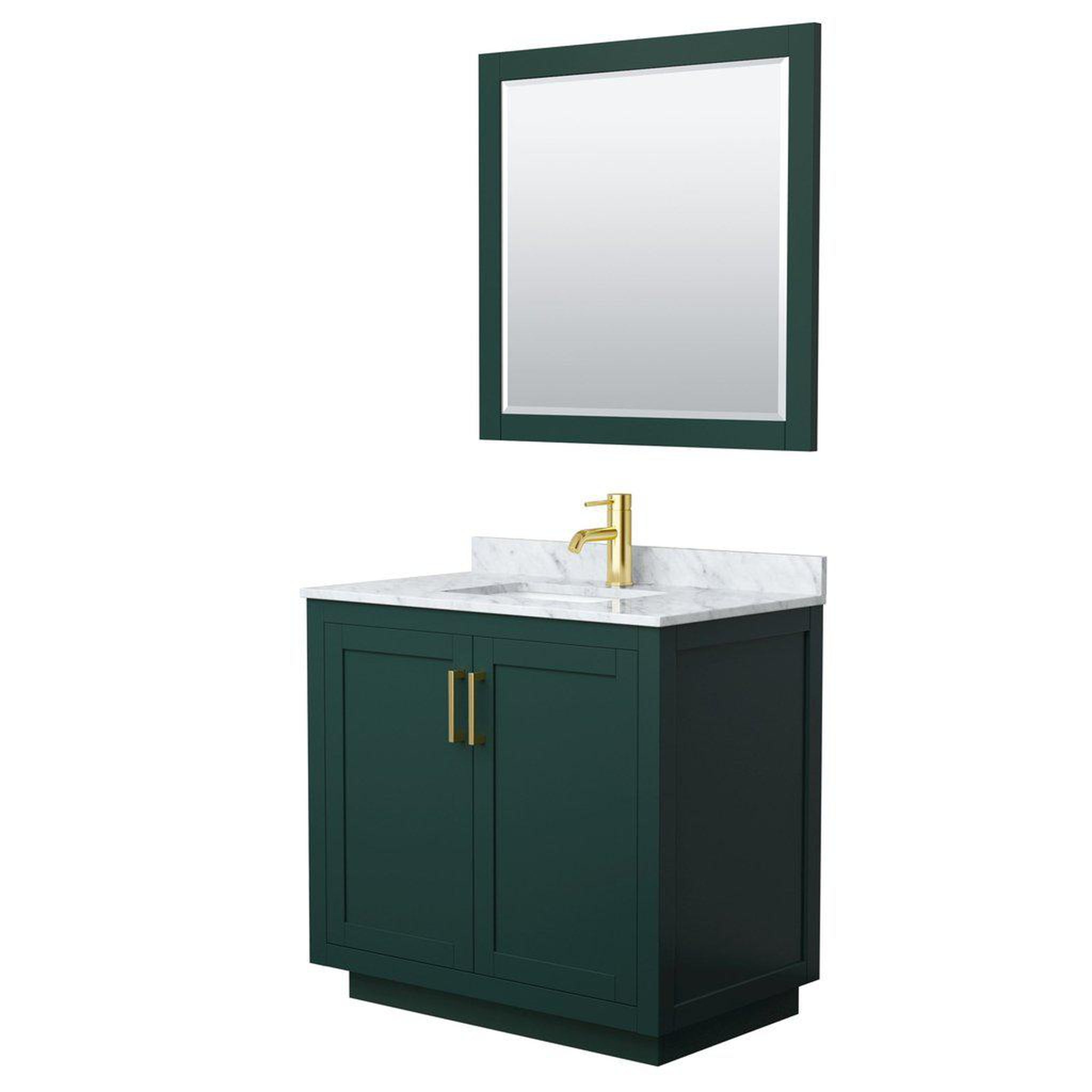 Wyndham Collection, Wyndham Collection Miranda 36" Single Bathroom Green Vanity Set With White Carrara Marble Countertop, Undermount Square Sink, 34" Mirror And Brushed Gold Trim