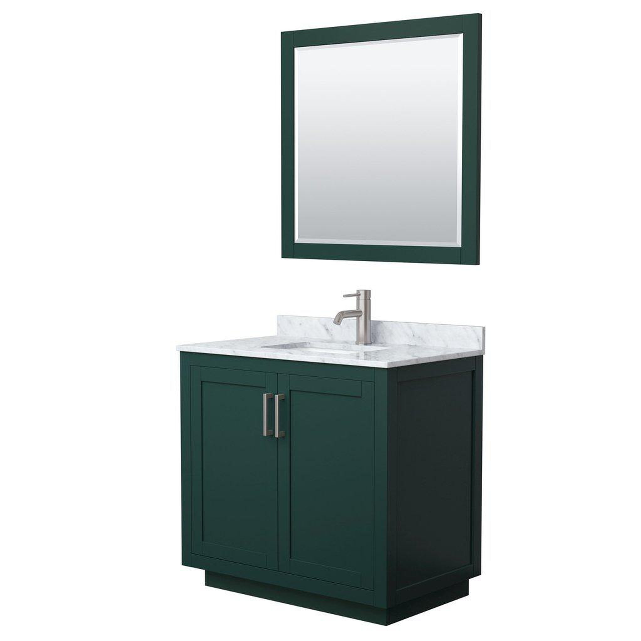 Wyndham Collection, Wyndham Collection Miranda 36" Single Bathroom Green Vanity Set With White Carrara Marble Countertop, Undermount Square Sink, 34" Mirror And Brushed Nickel Trim