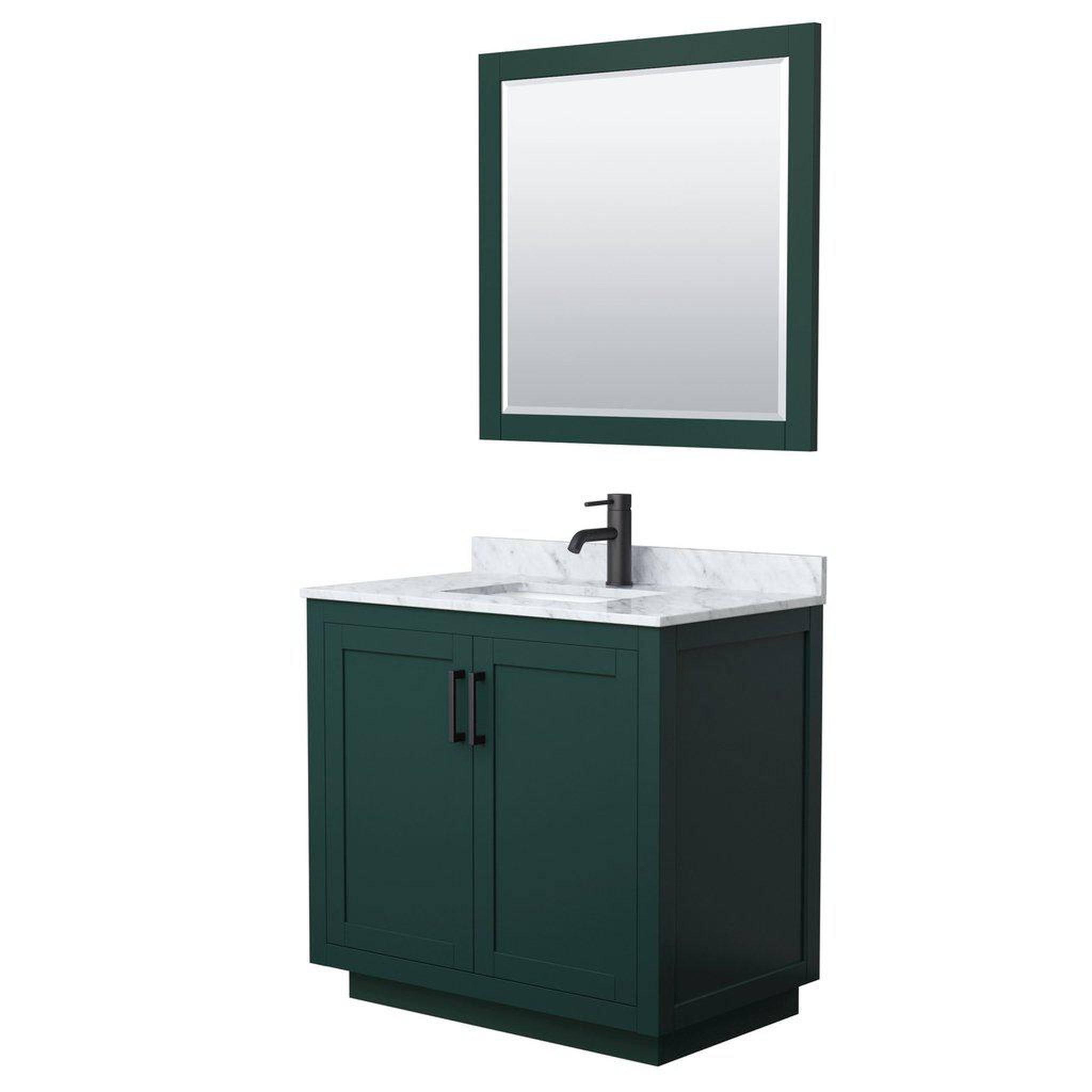 Wyndham Collection, Wyndham Collection Miranda 36" Single Bathroom Green Vanity Set With White Carrara Marble Countertop, Undermount Square Sink, 34" Mirror And Matte Black Trim