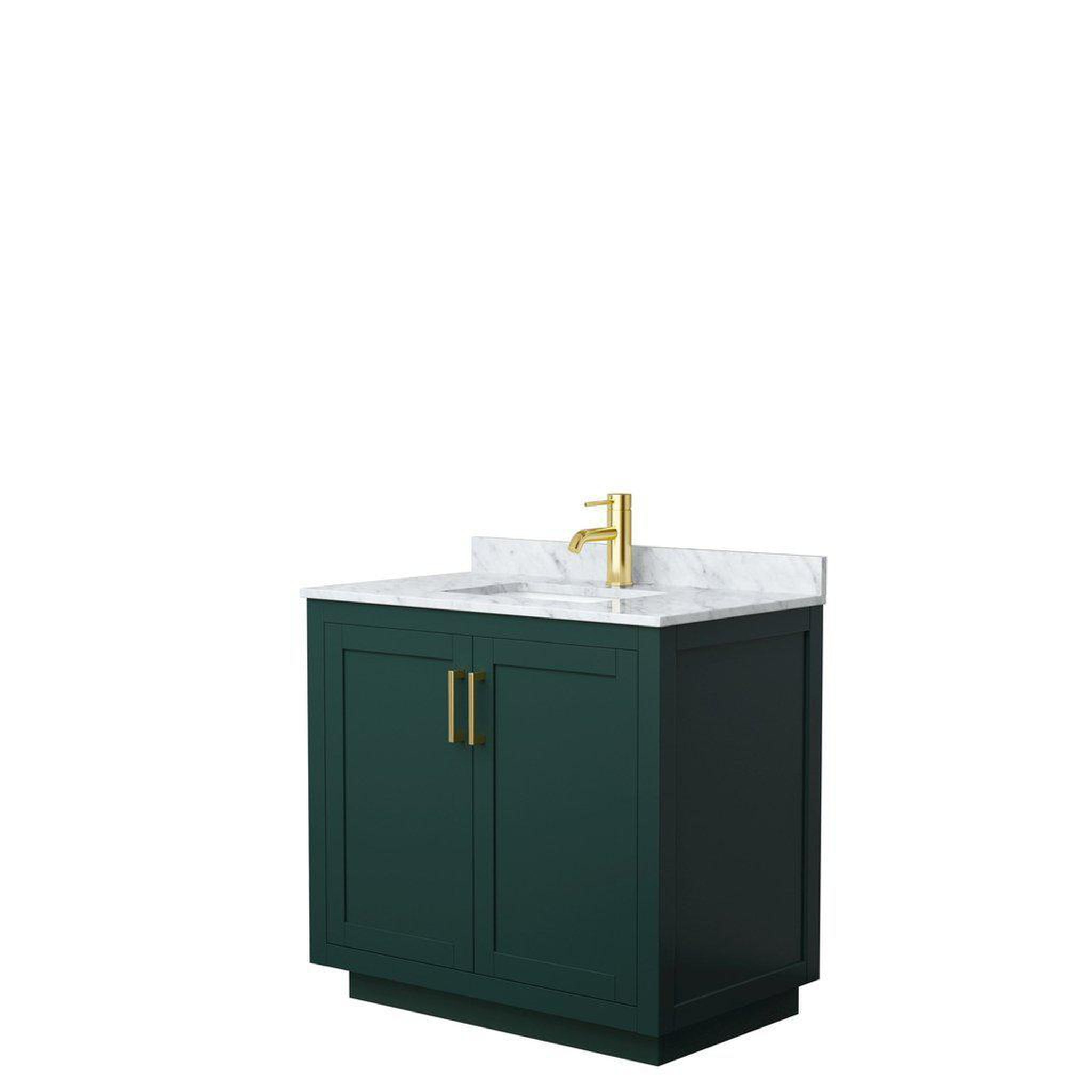 Wyndham Collection, Wyndham Collection Miranda 36" Single Bathroom Green Vanity Set With White Carrara Marble Countertop, Undermount Square Sink, And Brushed Gold Trim