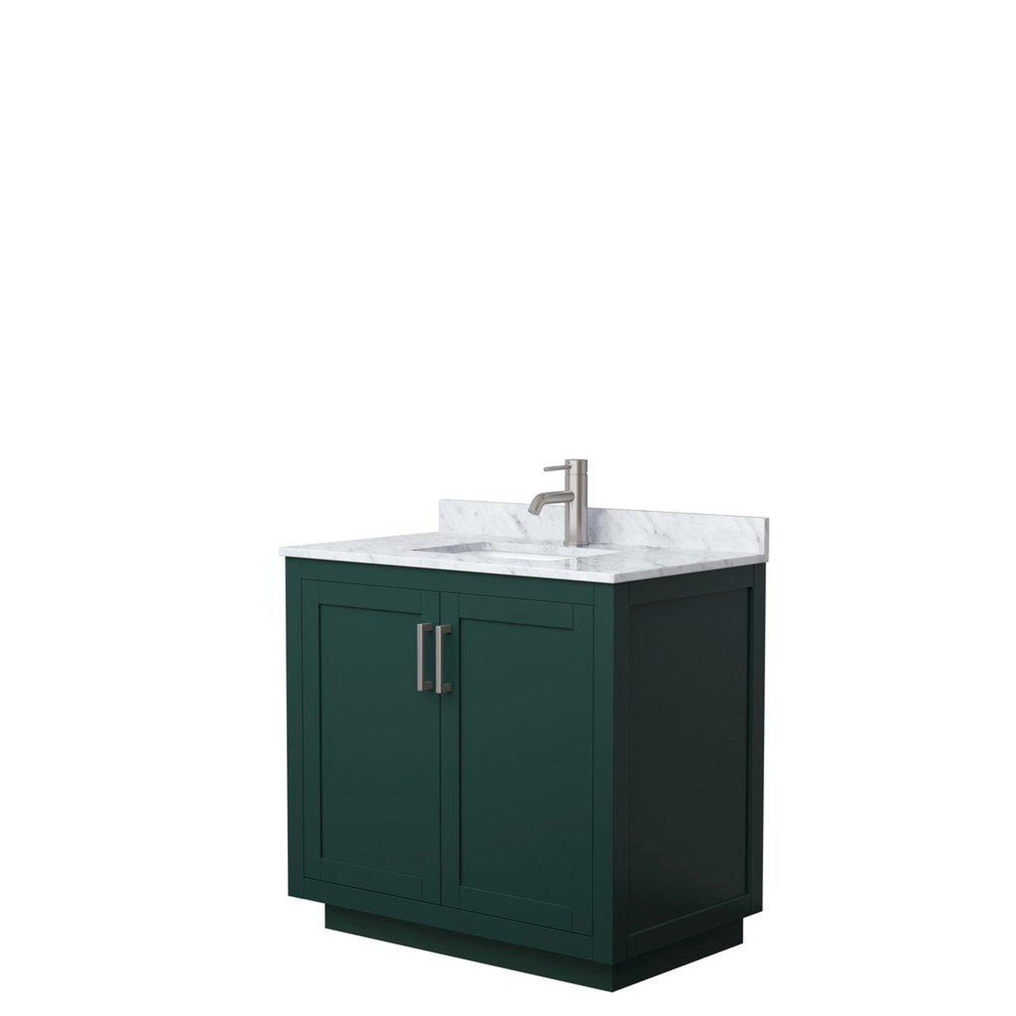 Wyndham Collection, Wyndham Collection Miranda 36" Single Bathroom Green Vanity Set With White Carrara Marble Countertop, Undermount Square Sink, And Brushed Nickel Trim