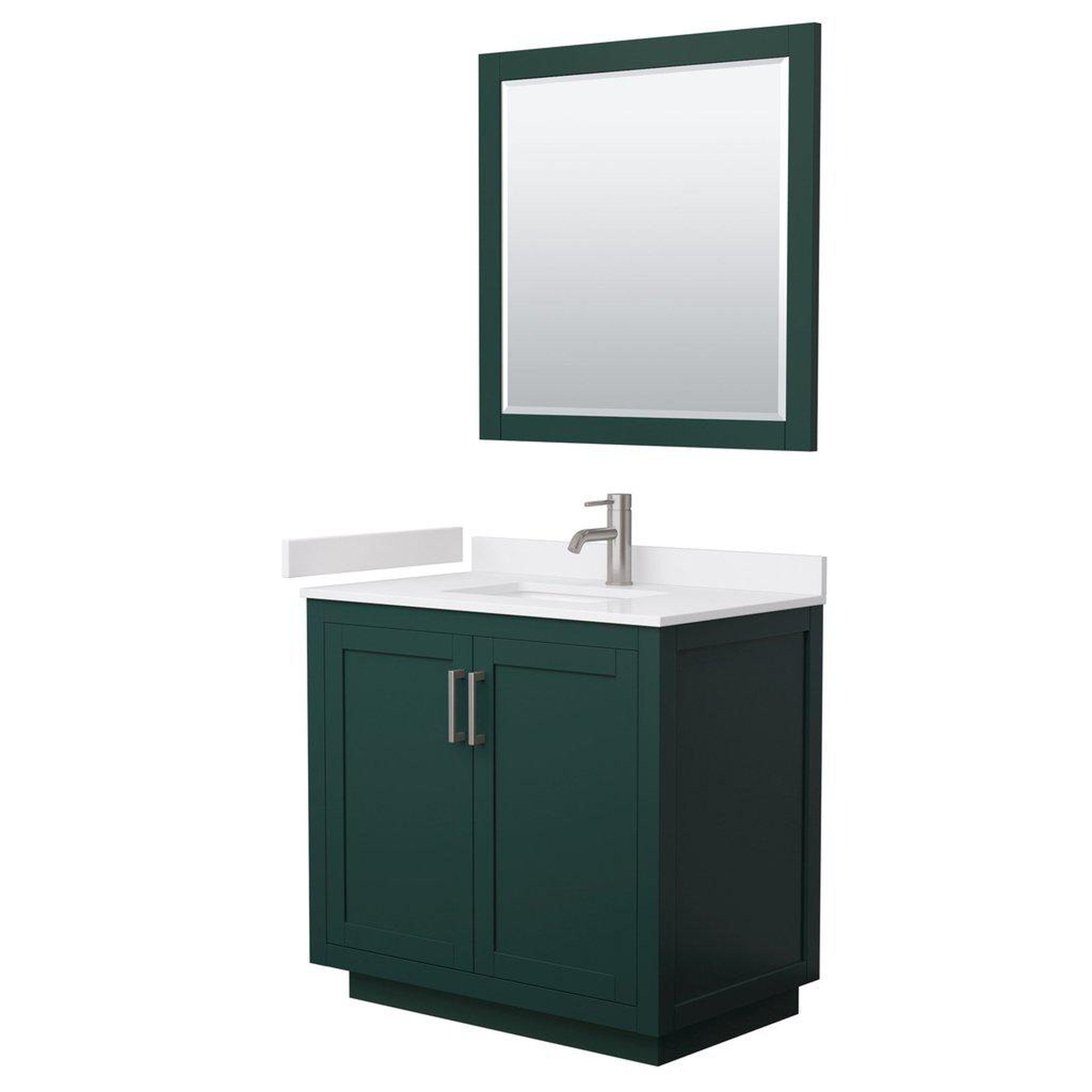 Wyndham Collection, Wyndham Collection Miranda 36" Single Bathroom Green Vanity Set With White Cultured Marble Countertop, Undermount Square Sink, 34" Mirror And Brushed Nickel Trim