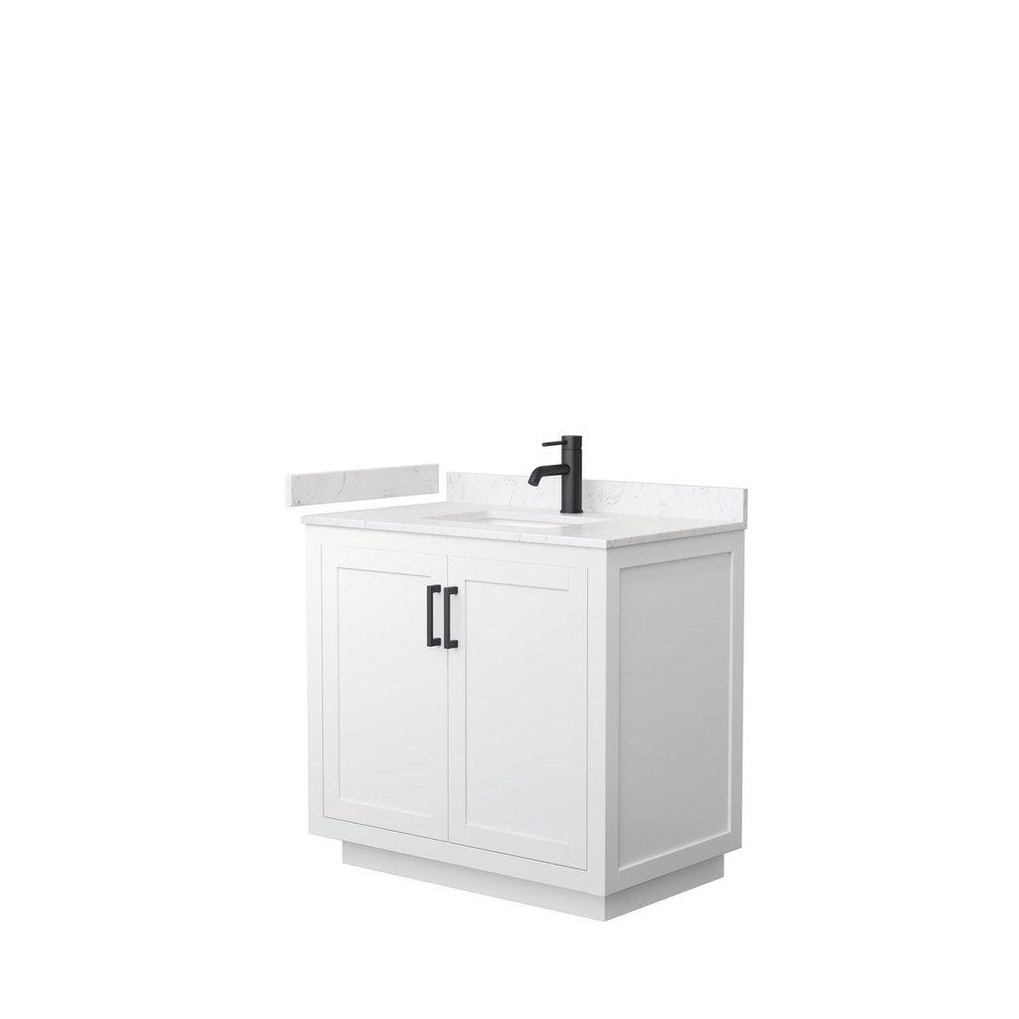 Wyndham Collection, Wyndham Collection Miranda 36" Single Bathroom White Vanity Set With Light-Vein Carrara Cultured Marble Countertop, Undermount Square Sink, And Matte Black Trim