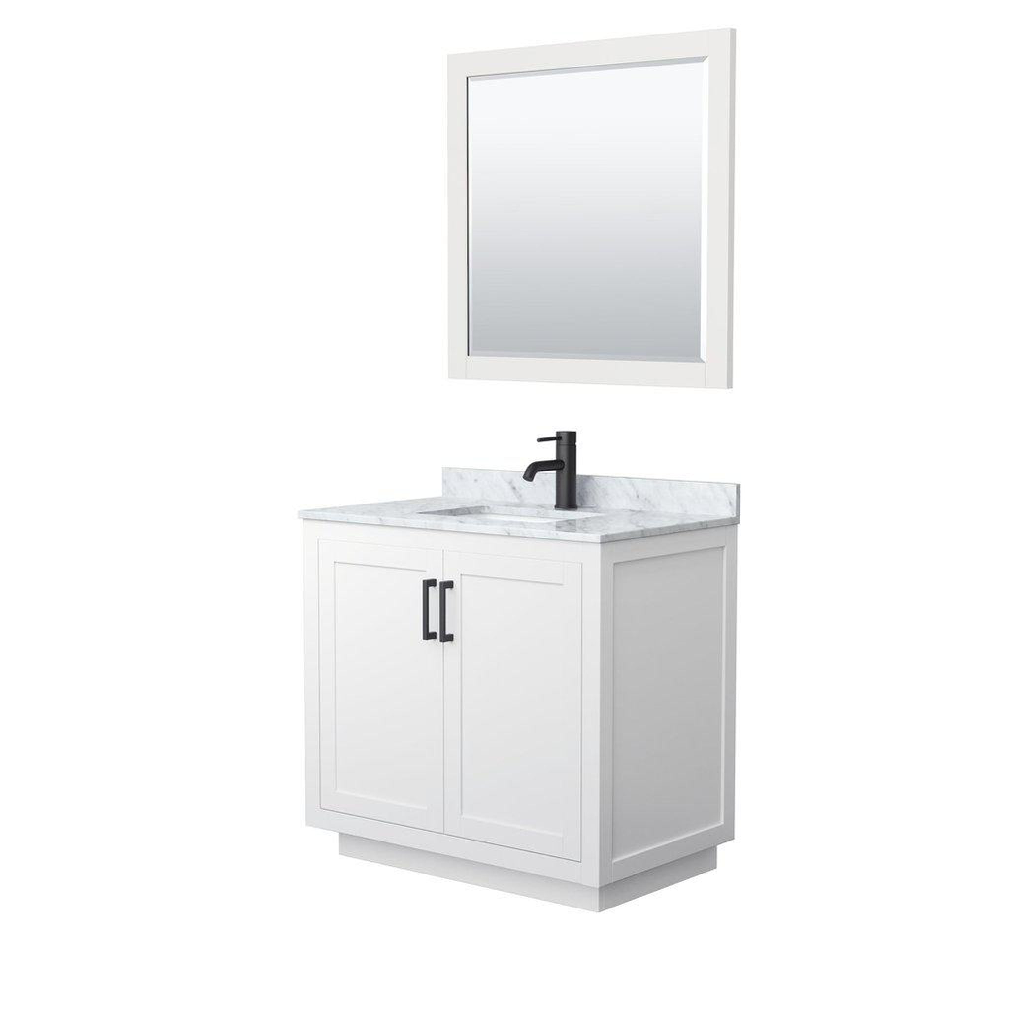 Wyndham Collection, Wyndham Collection Miranda 36" Single Bathroom White Vanity Set With White Carrara Marble Countertop, Undermount Square Sink, 34" Mirror And Matte Black Trim