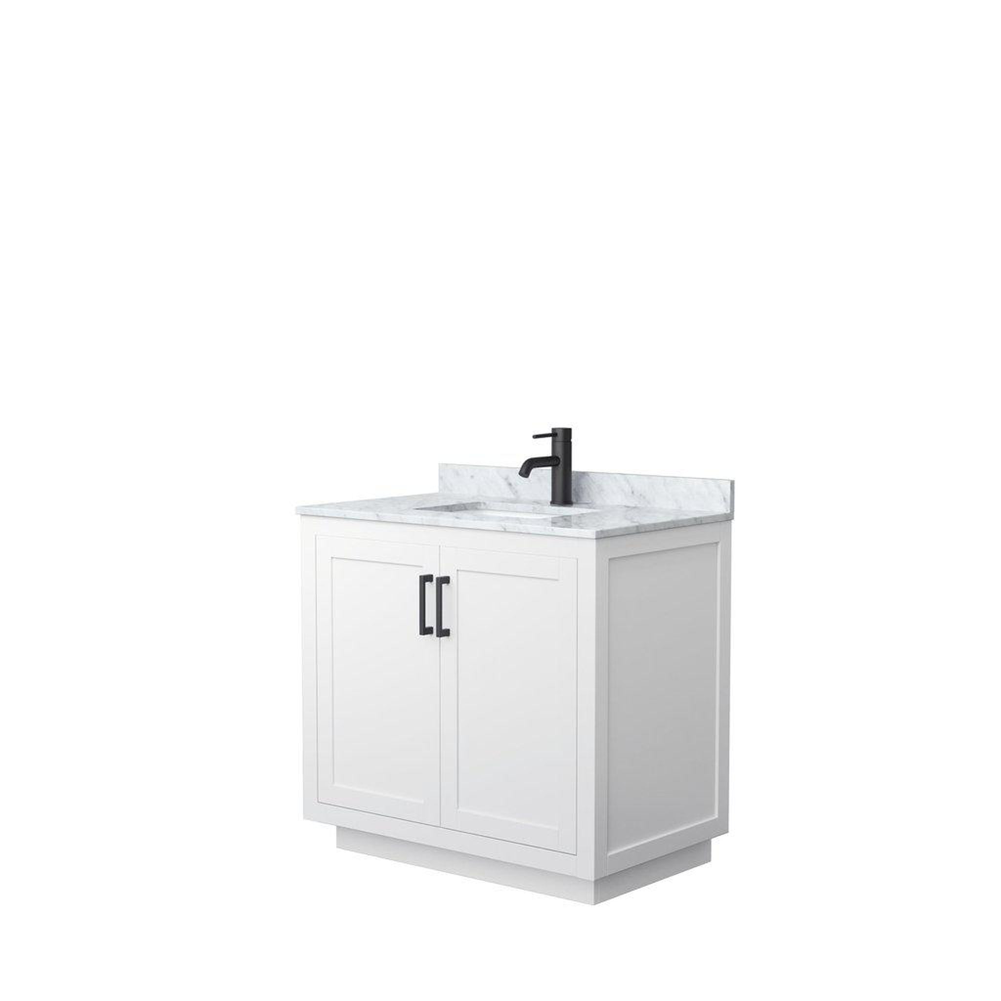 Wyndham Collection, Wyndham Collection Miranda 36" Single Bathroom White Vanity Set With White Carrara Marble Countertop, Undermount Square Sink, And Matte Black Trim