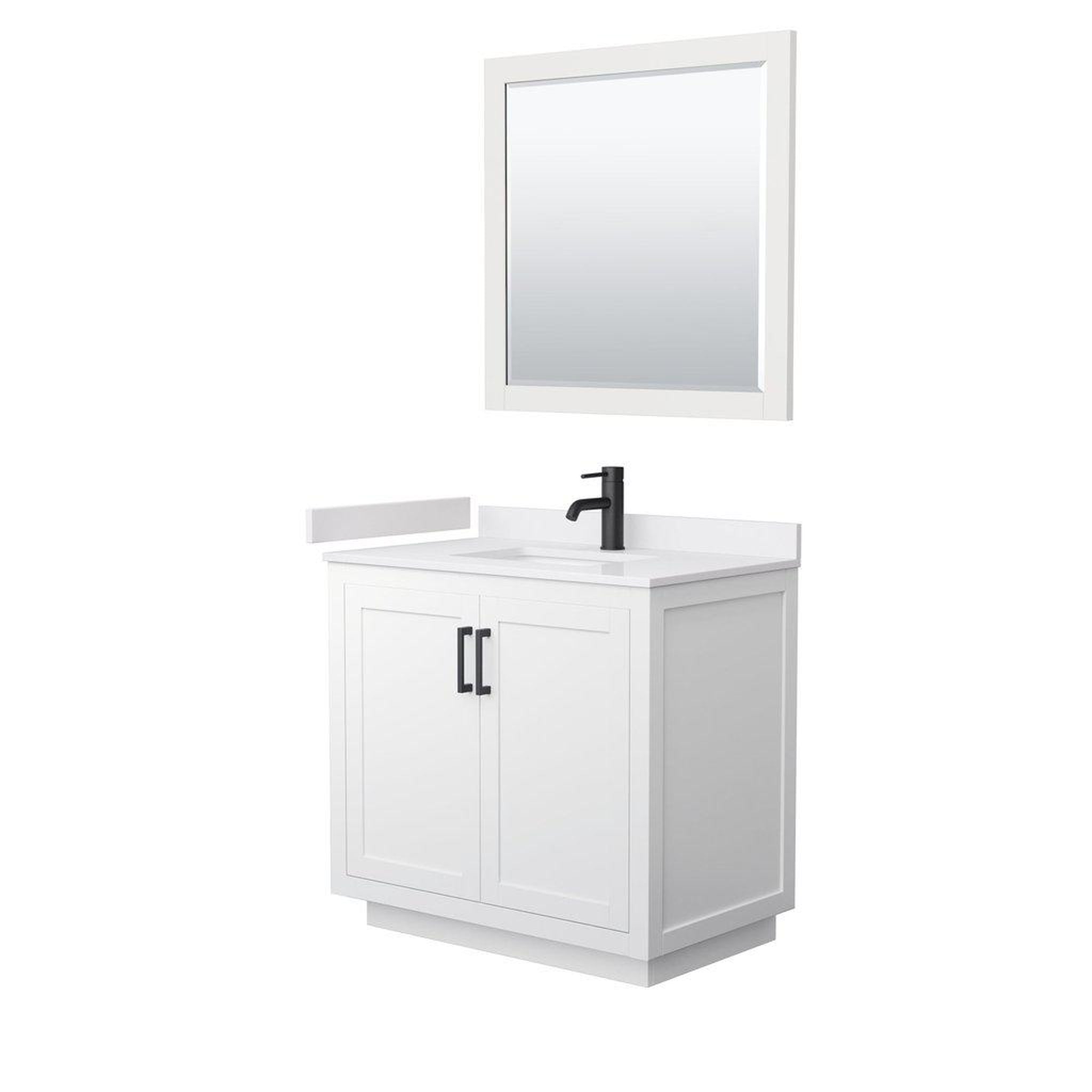 Wyndham Collection, Wyndham Collection Miranda 36" Single Bathroom White Vanity Set With White Cultured Marble Countertop, Undermount Square Sink, 34" Mirror And Matte Black Trim