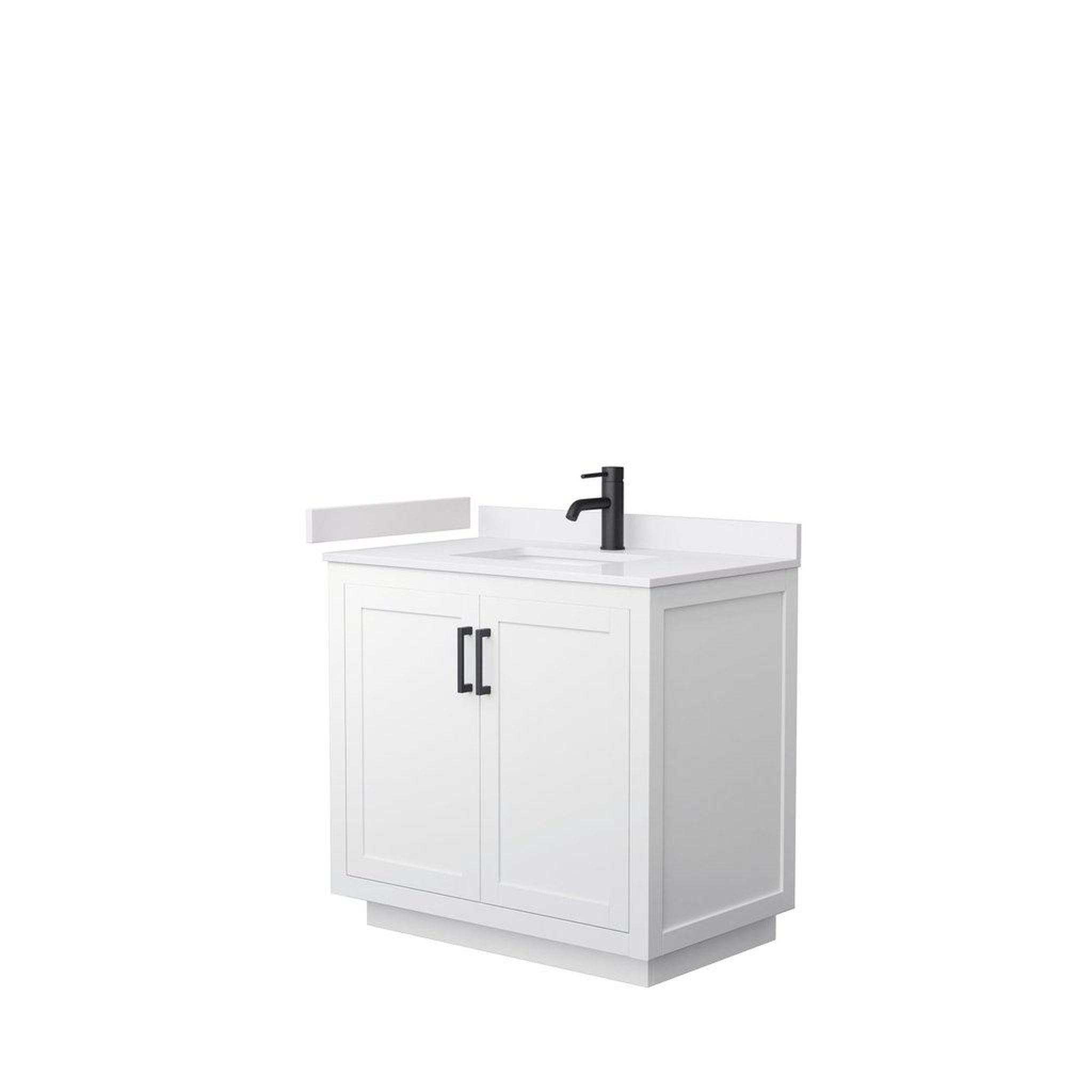 Wyndham Collection, Wyndham Collection Miranda 36" Single Bathroom White Vanity Set With White Cultured Marble Countertop, Undermount Square Sink, And Matte Black Trim