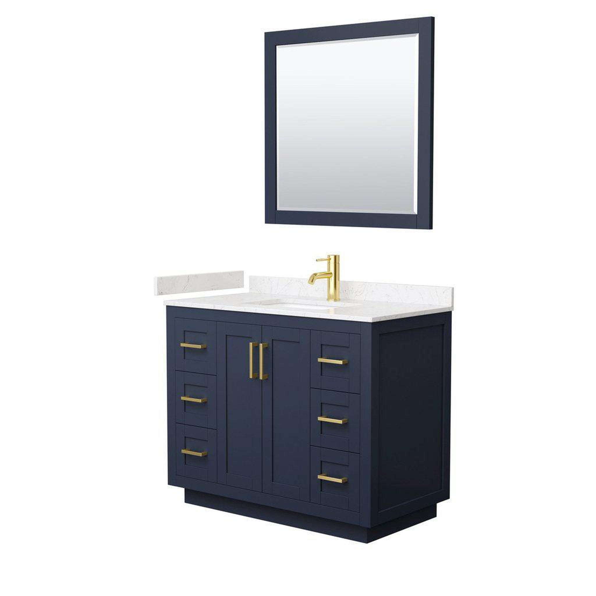 Wyndham Collection, Wyndham Collection Miranda 42" Single Bathroom Dark Blue Vanity Set With Light-Vein Carrara Cultured Marble Countertop, Undermount Square Sink, 34" Mirror And Brushed Gold Trim