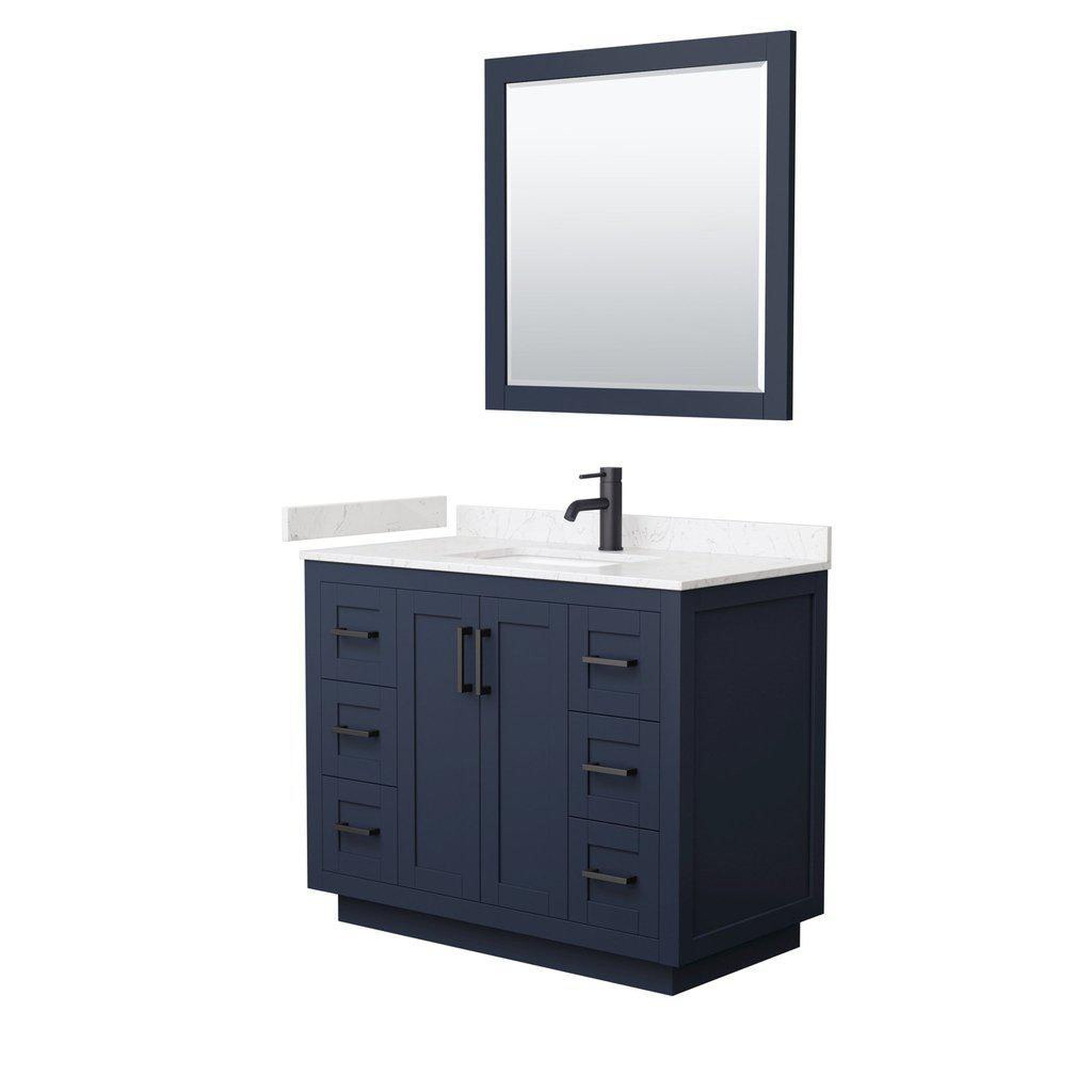 Wyndham Collection, Wyndham Collection Miranda 42" Single Bathroom Dark Blue Vanity Set With Light-Vein Carrara Cultured Marble Countertop, Undermount Square Sink, 34" Mirror And Matte Black Trim