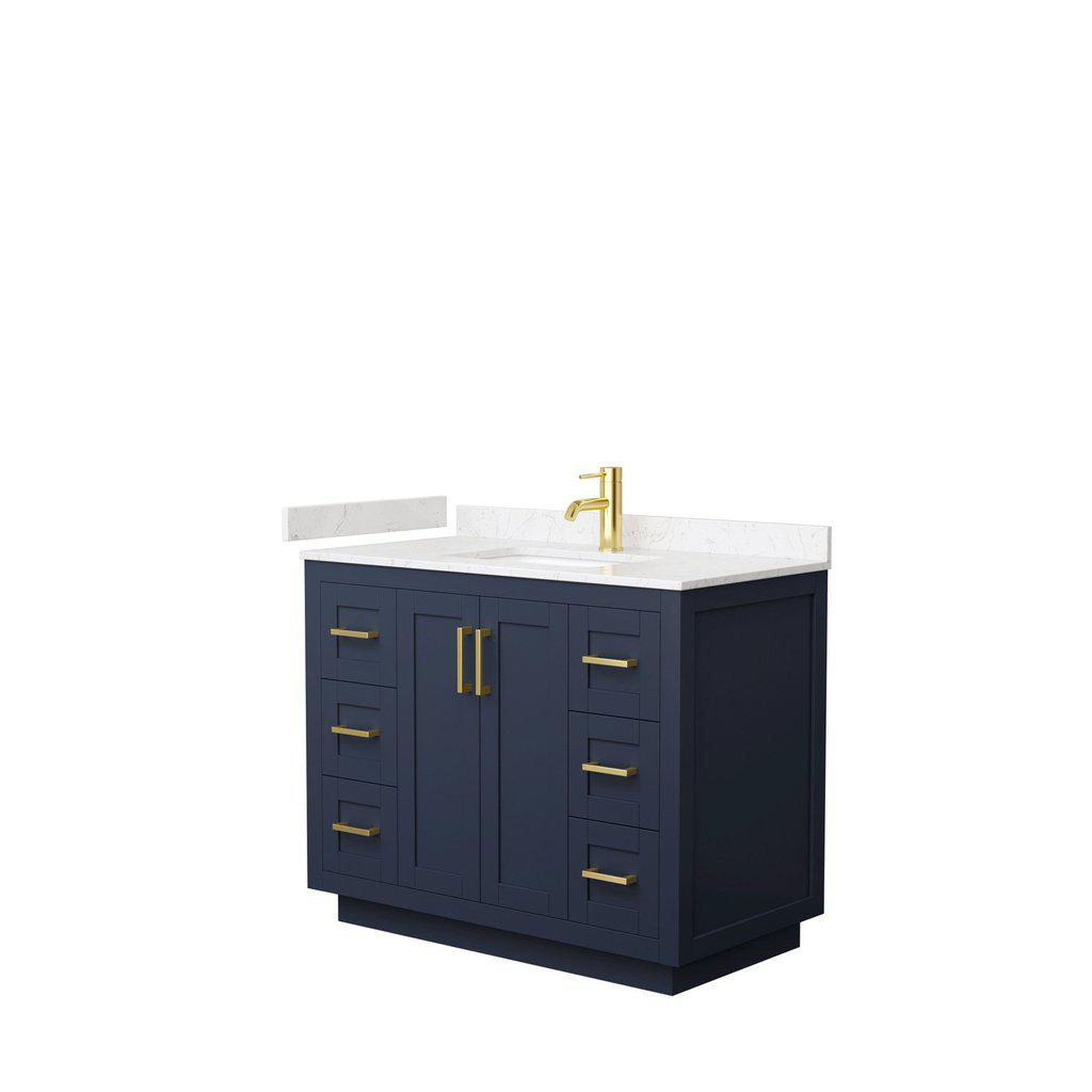 Wyndham Collection, Wyndham Collection Miranda 42" Single Bathroom Dark Blue Vanity Set With Light-Vein Carrara Cultured Marble Countertop, Undermount Square Sink, And Brushed Gold Trim